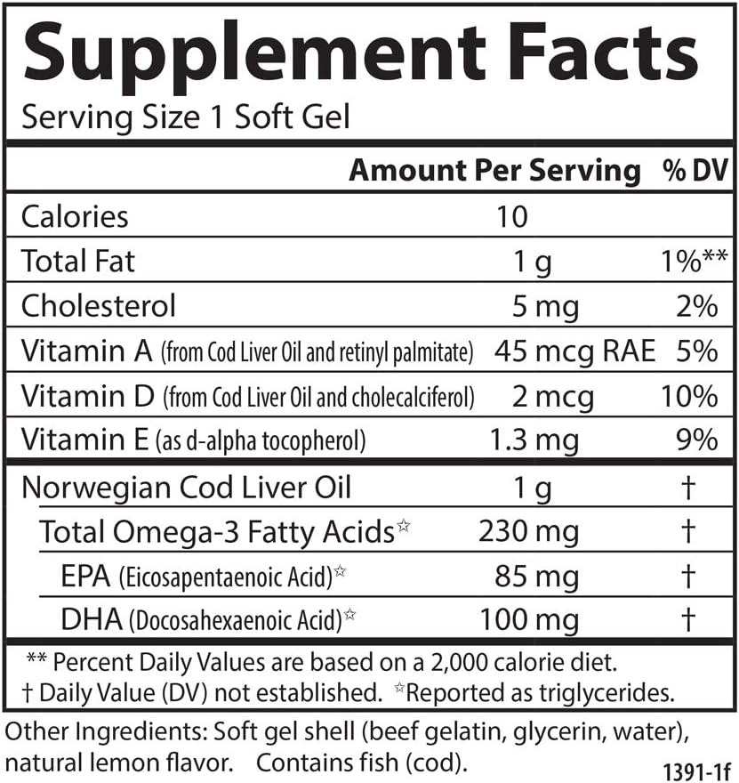 Carlson – Gemas de aceite de hígado de bacalao, baja vitamina A, 230 mg de omega-3, noruego, capturado en la naturaleza, de origen sostenible, 150