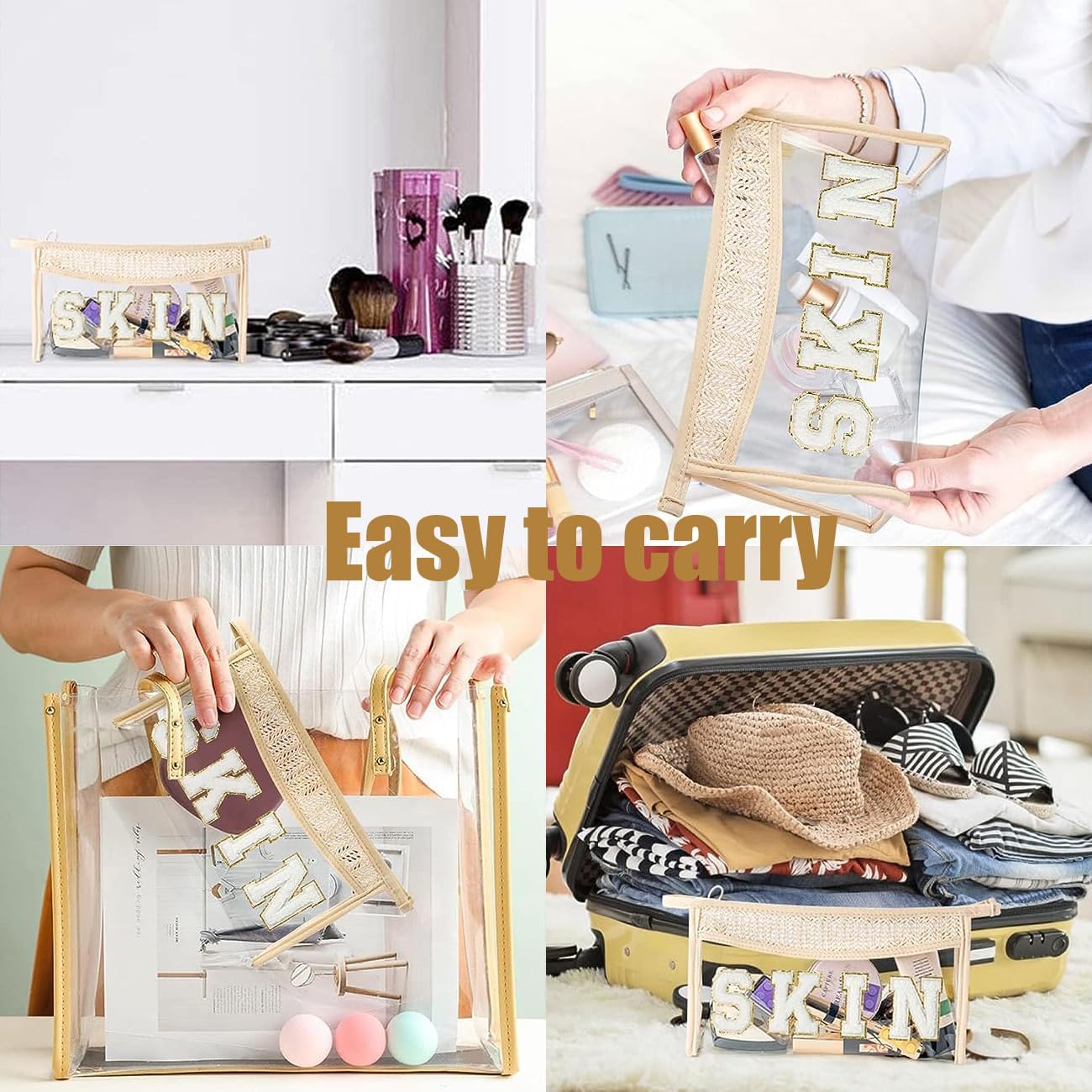 Bolsa de maquillaje transparente con parches bohemios, bolsa de cosméticos de chenilla, bolsa de cosméticos de playa transparente, bolsa de aseo de