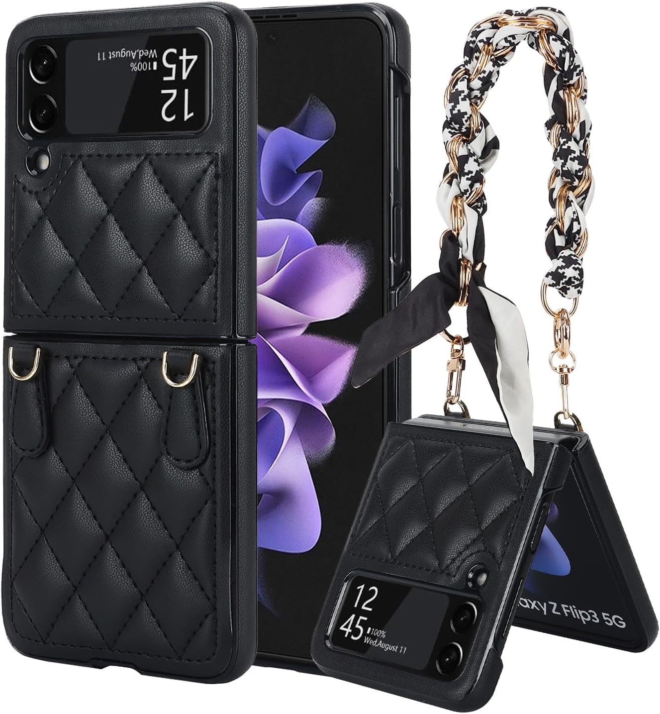 Asuwish Funda de teléfono para Samsung Galaxy Z Flip 3 5G 2021 con correa para la muñeca con cordón, delgada, de piel sintética, a prueba de golpes,