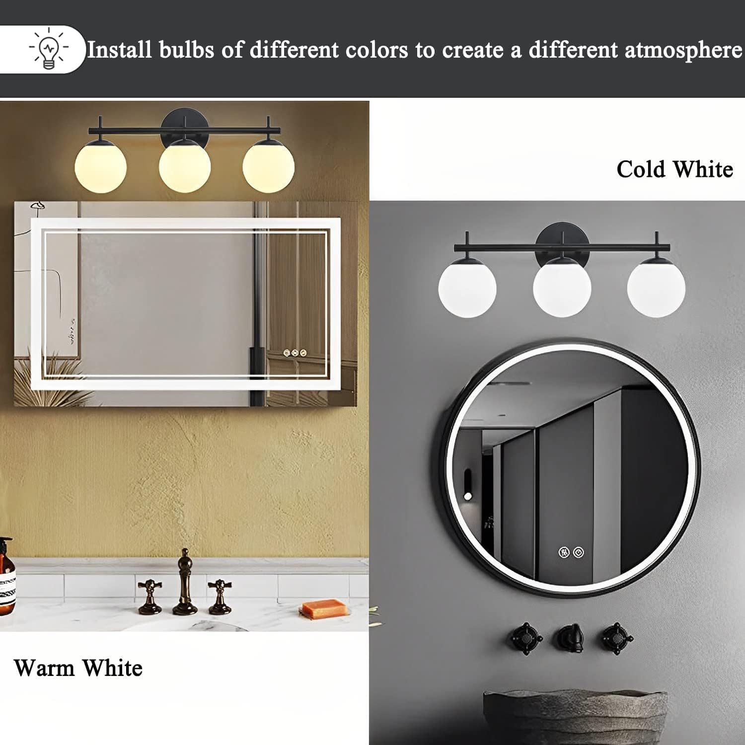 Lámparas negras para tocador de baño, modernas luces de tocador de mediados de siglo con pantalla de vidrio esmerilado blanco lechoso, 3 lámparas de