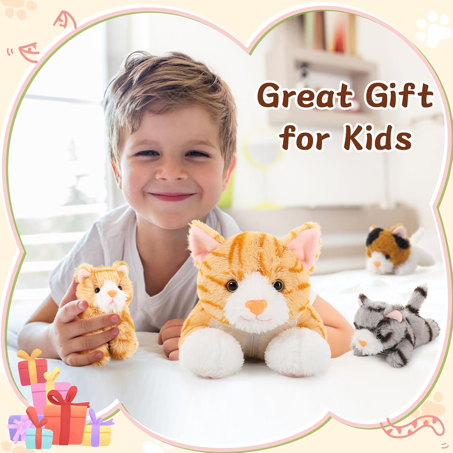 Muiteiur 4 gatos de peluche, 15.7 pulgadas, gato de peluche con 3 gatitos rellenos en bolsa con cremallera, lindos gatos amarillos de peluche para