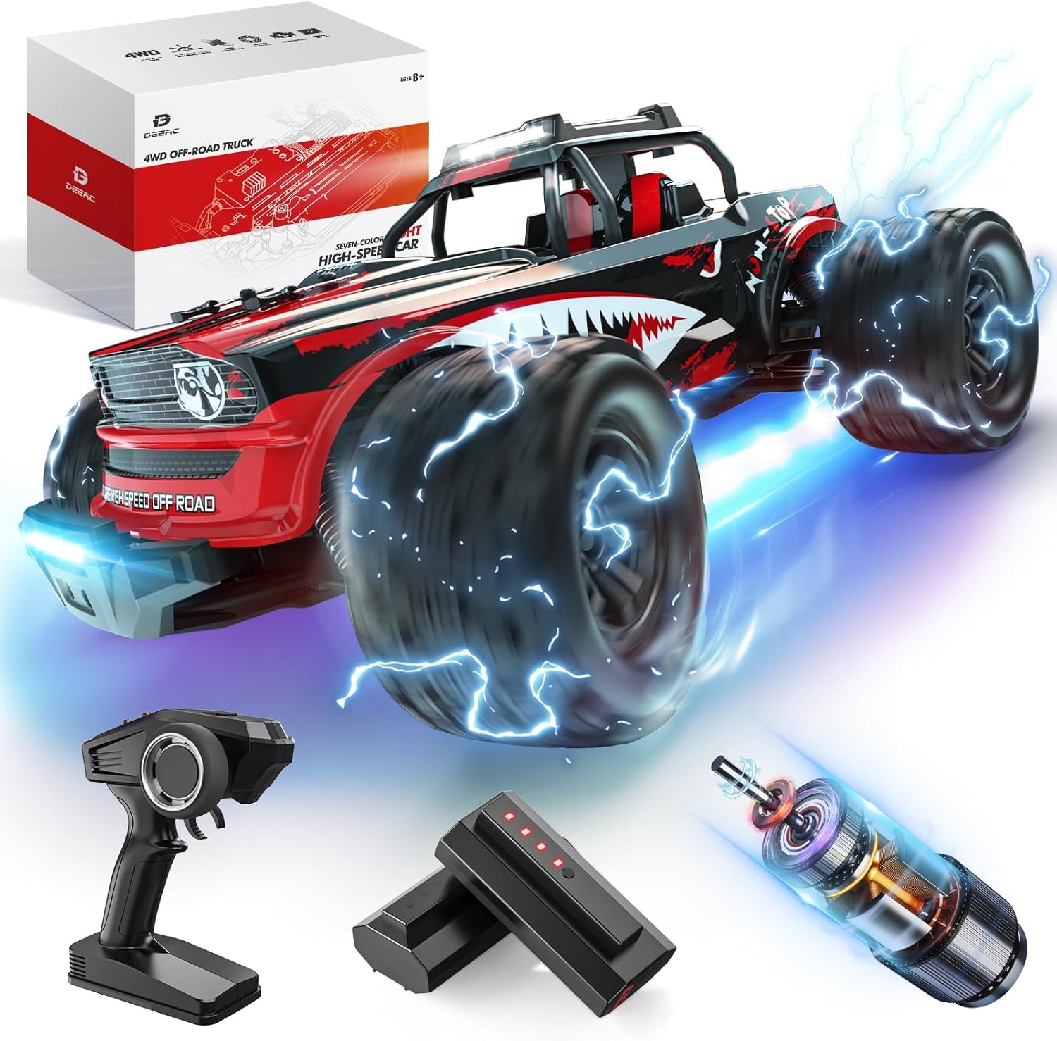 DEERC Autos RC rápidos 114 con luces LED coloridas, auto de control remoto de tiburón de alta velocidad de 40 KMH, 4 x 4 RTR todo terreno,