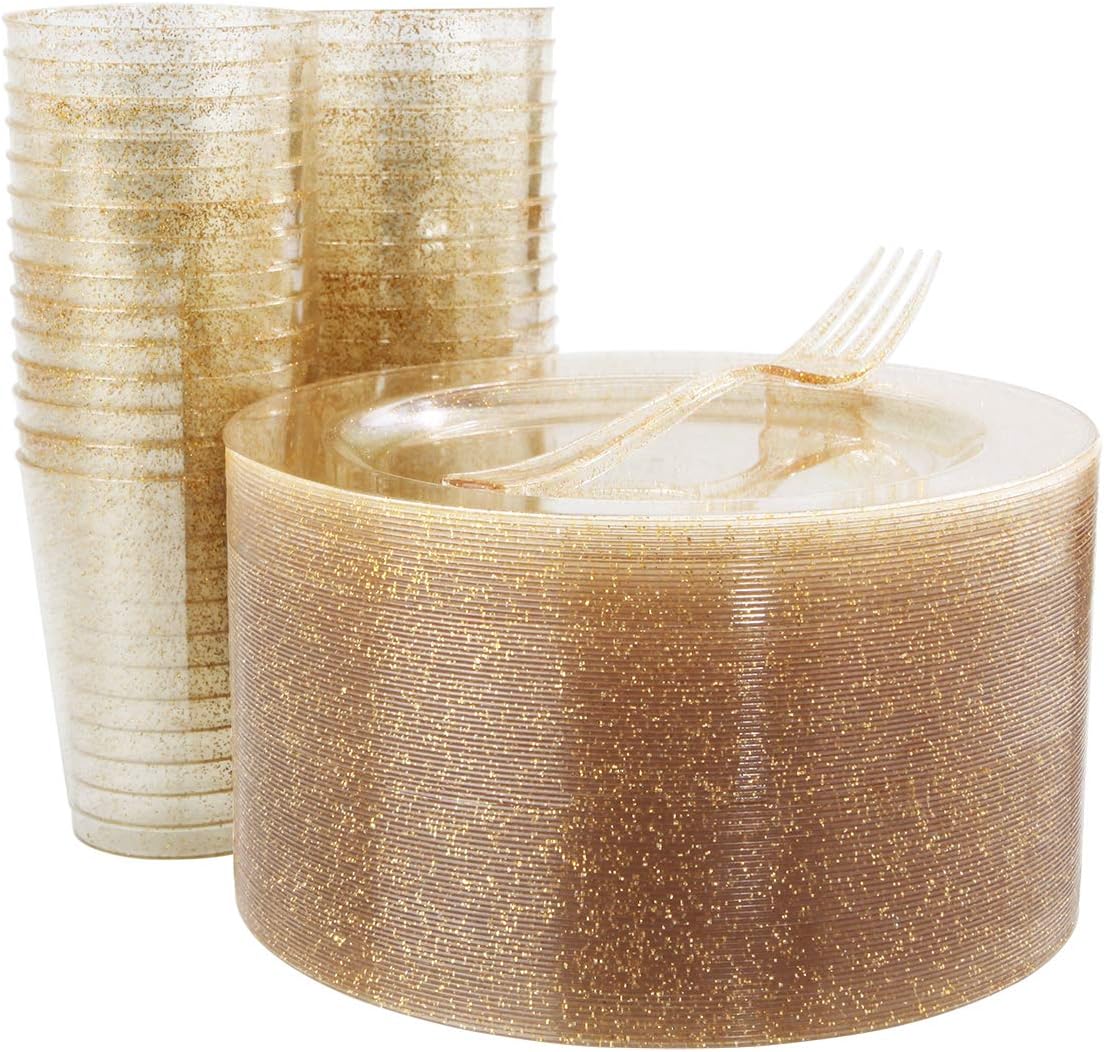 WELLIFE 50 platos de ensalada con purpurina dorada con 50 tenedores de plástico y 50 vasos desechables con purpurina dorada de 9 onzas, platos de