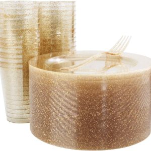 WELLIFE 50 platos de ensalada con purpurina dorada con 50 tenedores de plástico y 50 vasos desechables con purpurina dorada de 9 onzas, platos de WELLIFE 50 platos de ensalada con purpurina dorada con 50 tenedores de plástico y 50 vasos desechables con purpurina dorada de 9 onzas, platos de