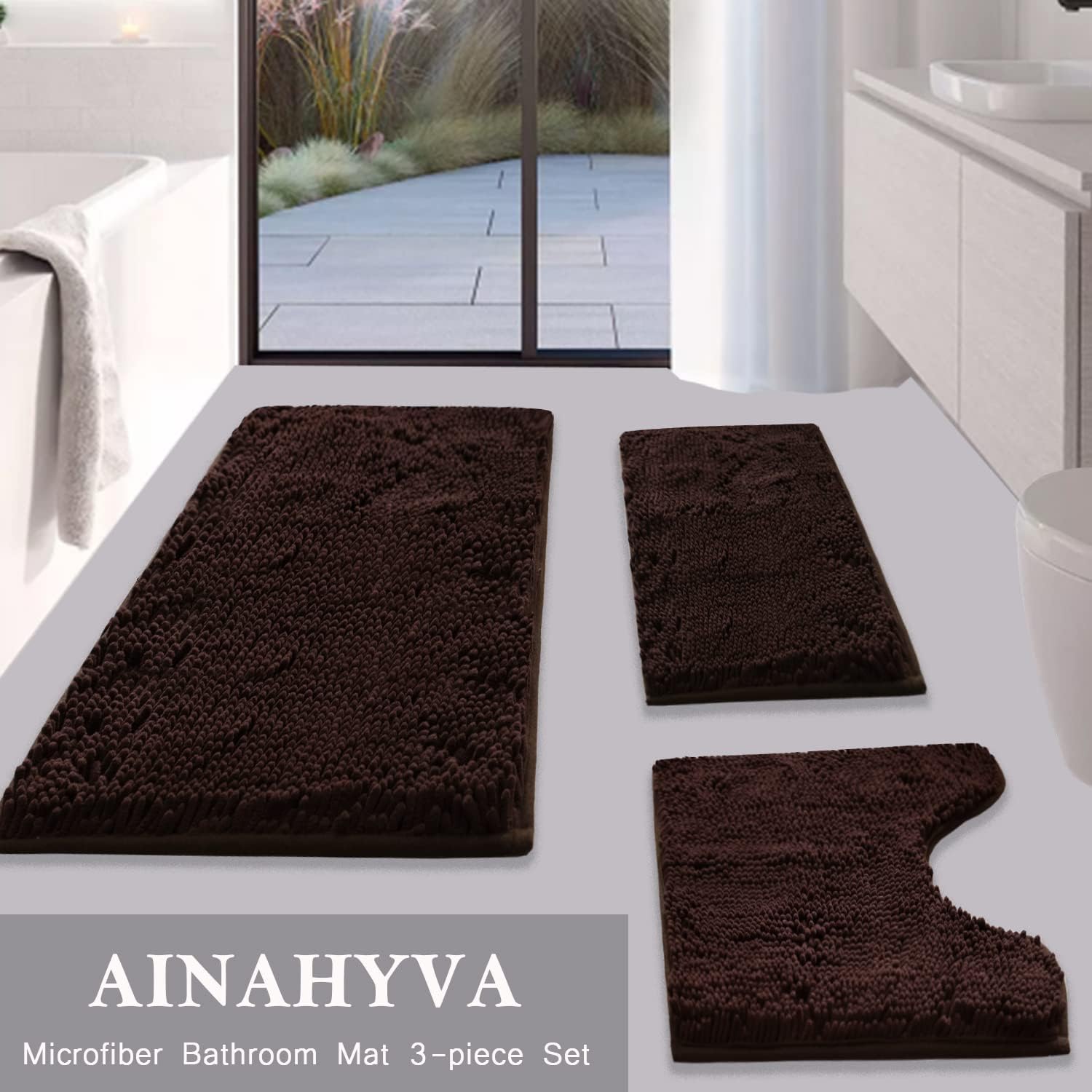 Juego de 3 tapetes de baño de chenilla, superabsorbentes, parte trasera de PVC fuerte antideslizante, tapetes de baño para baño, felpa peluda,
