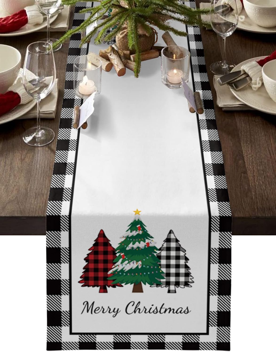 Camino de mesa de árbol de búfalo de Navidad de 13 x 36 pulgadas, camino de mesa de búfalo negro y blanco a cuadros, bufandas antideslizantes para