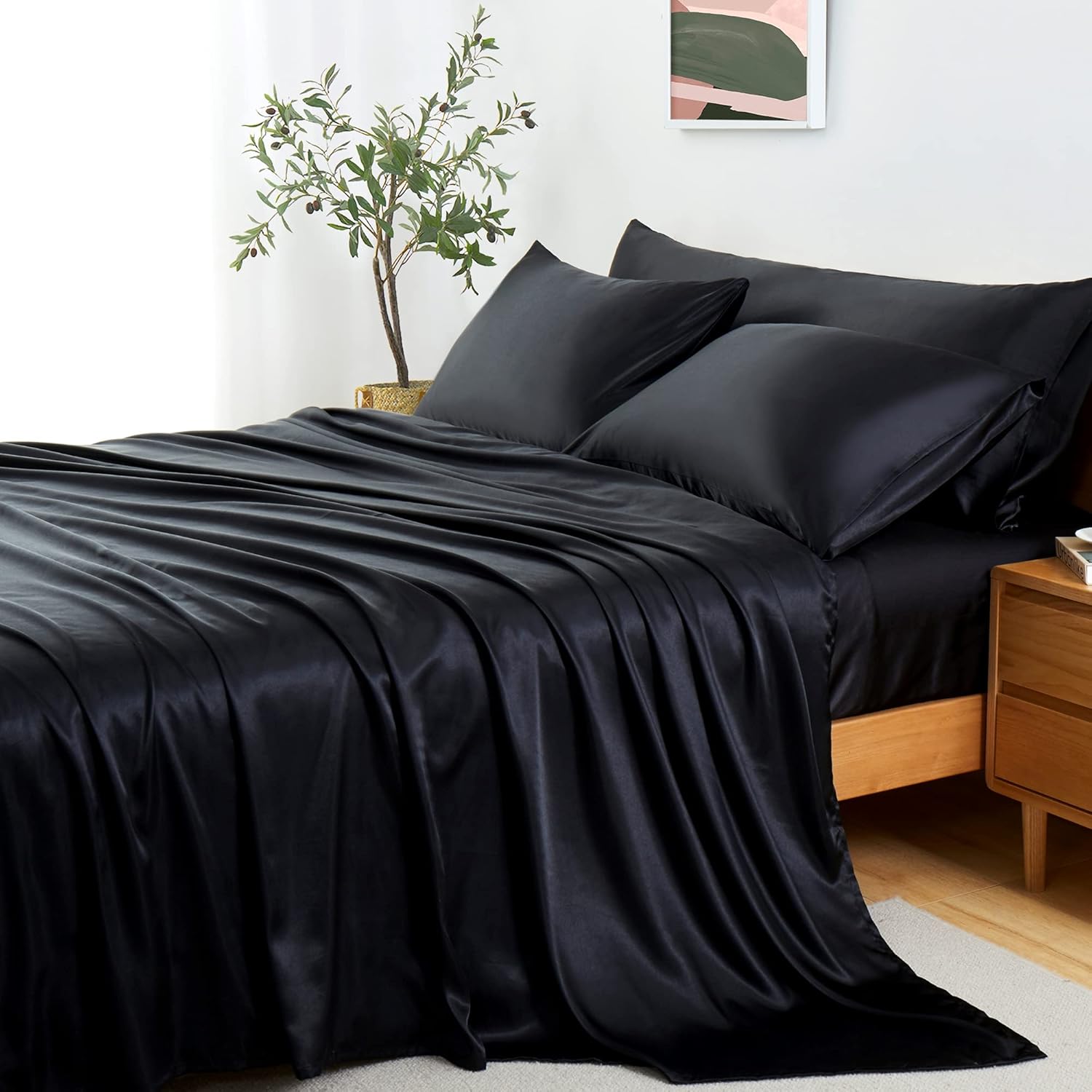 Entisn Juego de sábanas de 4 piezas color negro individual XL con funda de almohada corporal, juego de sábanas de satén sedoso, juego de ropa de