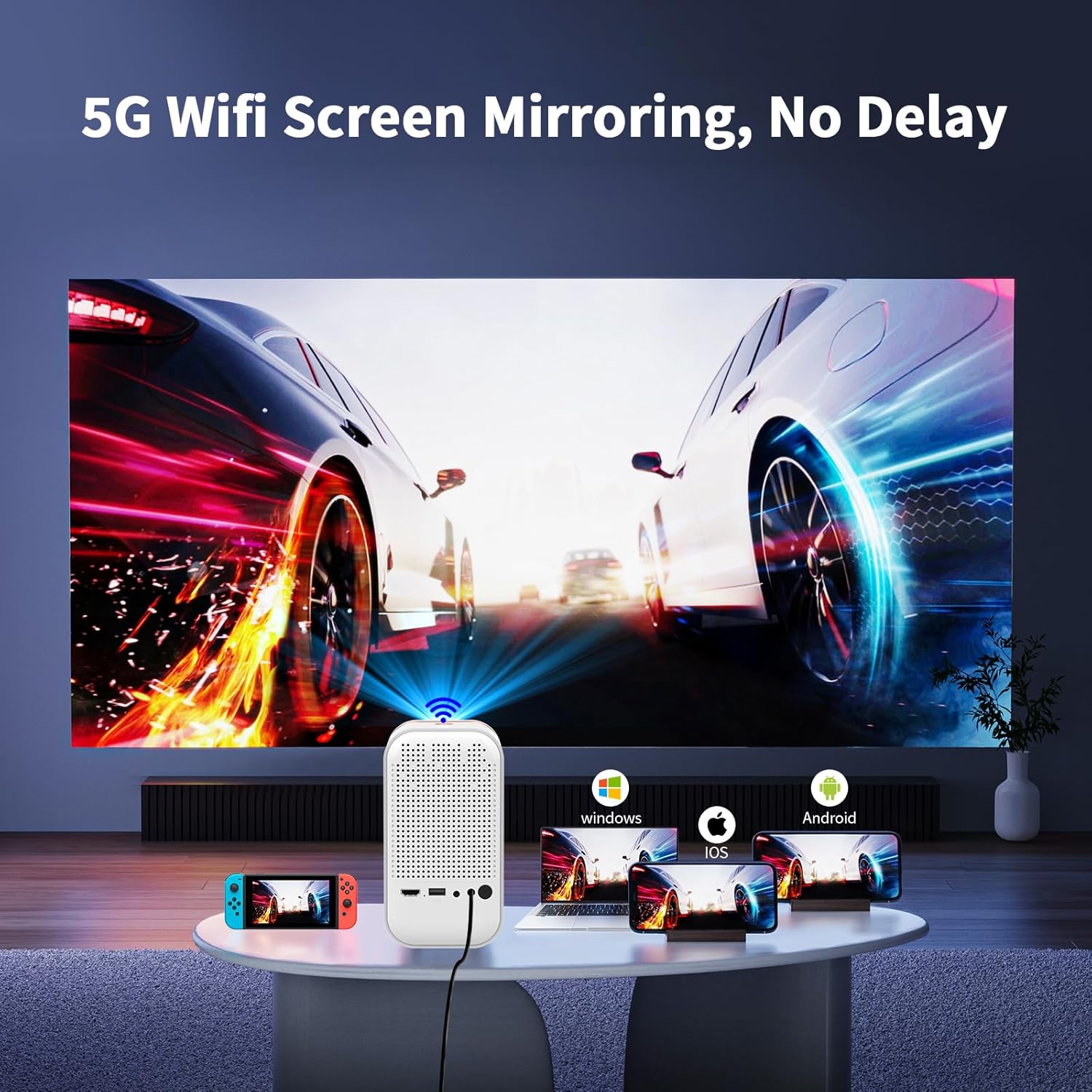 Mini proyector con WiFi 5G y Bluetooth, proyector compatible con 1080P con soporte para proyector, proyector de películas compatible con iOSAndroid,