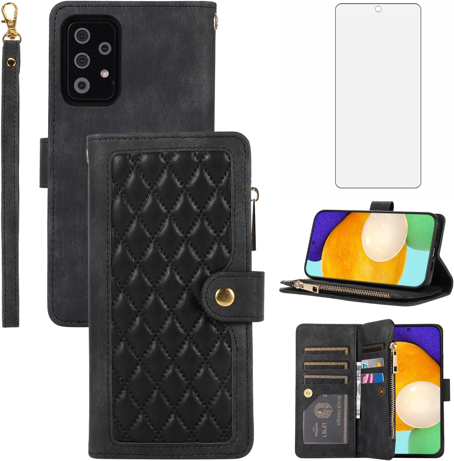 Funda de teléfono para Samsung Galaxy A52A52S 5G Funda tipo cartera con protector de pantalla de vidrio templado y correa para la muñeca de cuero