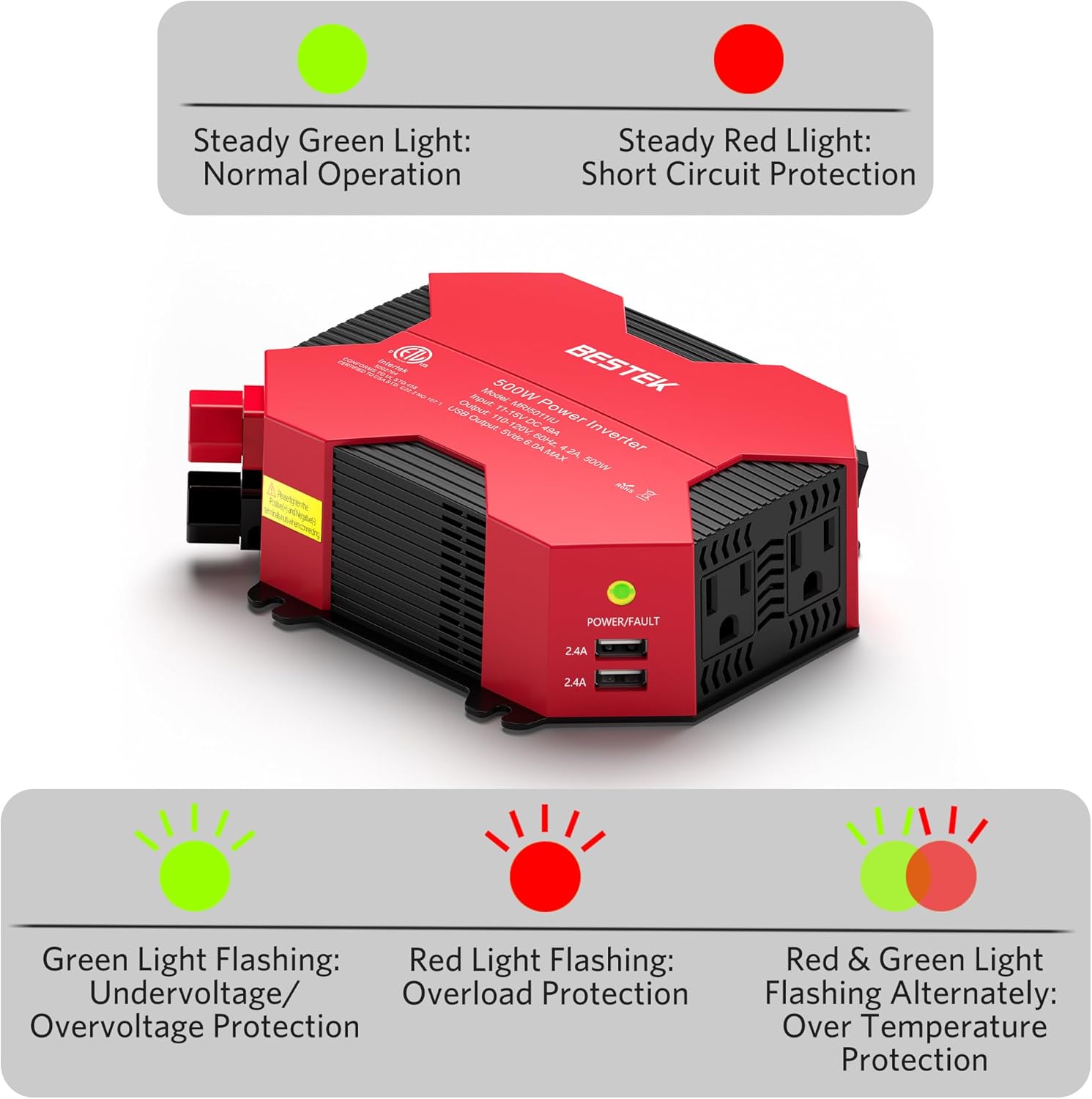 BESTEK Inversor de corriente para automóvil de 500 W, CC 12 V a CA, 110 V, adaptador de enchufe de automóvil, convertidor de corriente con 4 puertos