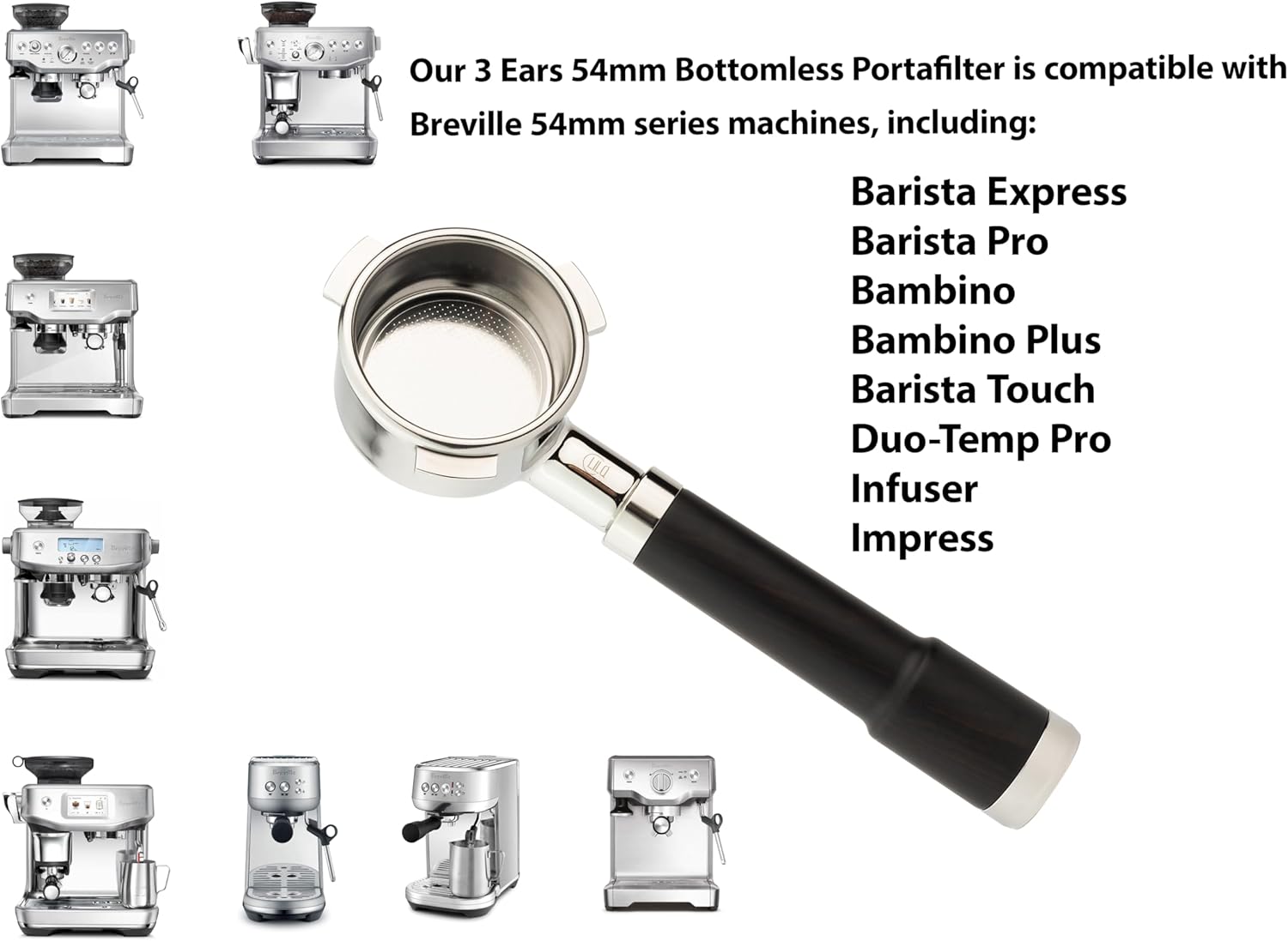 Portafiltro de 3 orejas sin fondo de 2.126 in  Compatible con máquinas Breville de 2.126 in  Mango estable (Barcino Fusion, 2.126 in Breville)