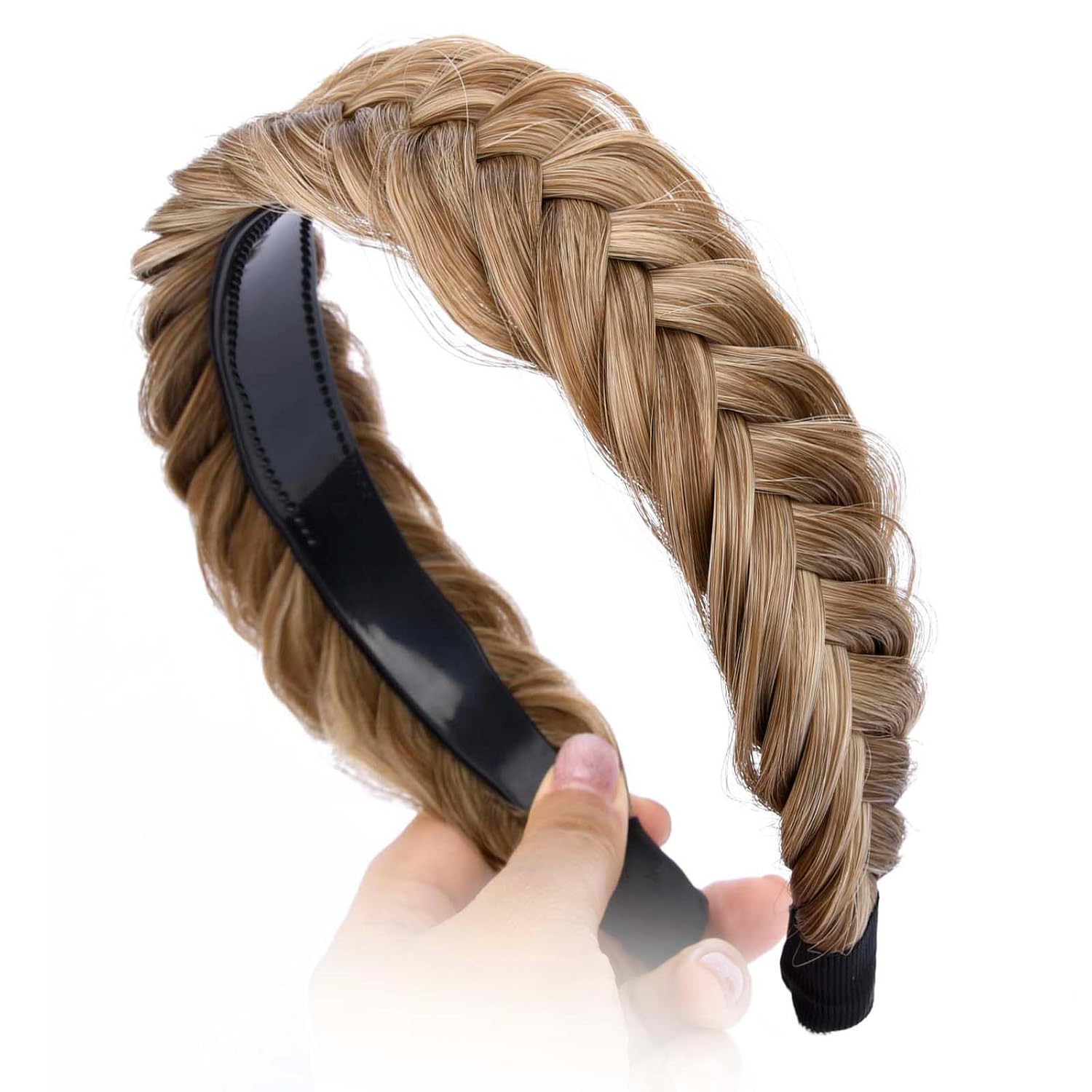 DIGUAN Diadema trenzada ancha y desordenada con dientes, diadema de pelo sintético trenzado de alta elasticidad, cola de pez gruesa, banda trenzada