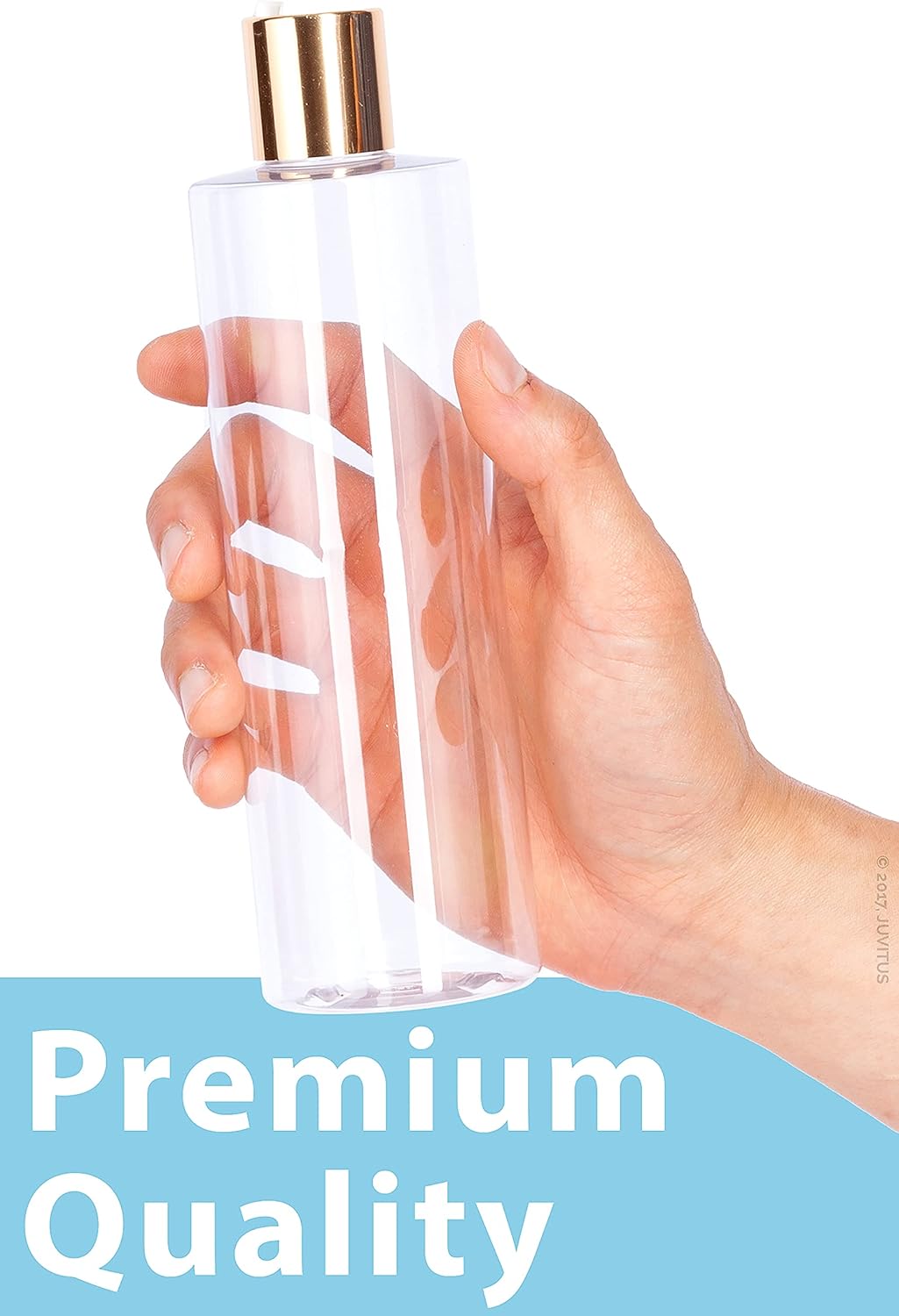 JUVITUS Botellas de plástico PET cilíndricas profesionales transparentes de 12 oz (12.0 fl oz, sin BPA) (paquete de 6, tapa de disco dorada)