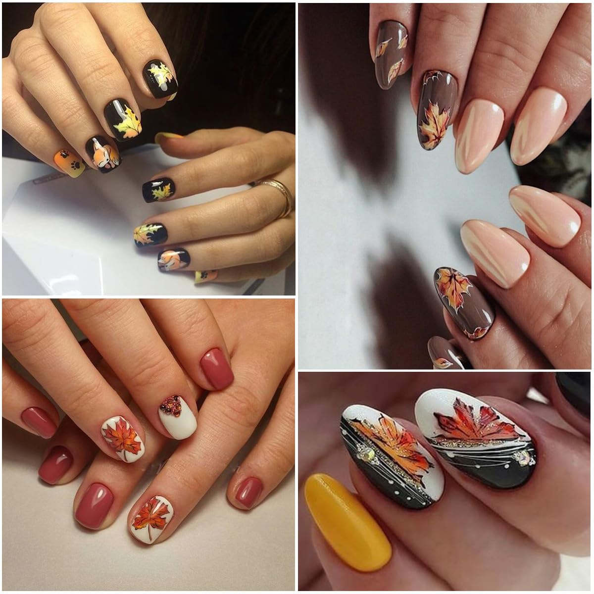 12 calcomanías de otoño para arte de uñas, hojas de arce, calcomanías de agua doradas para otoño, láminas deslizantes para hojas, geometría, búho,