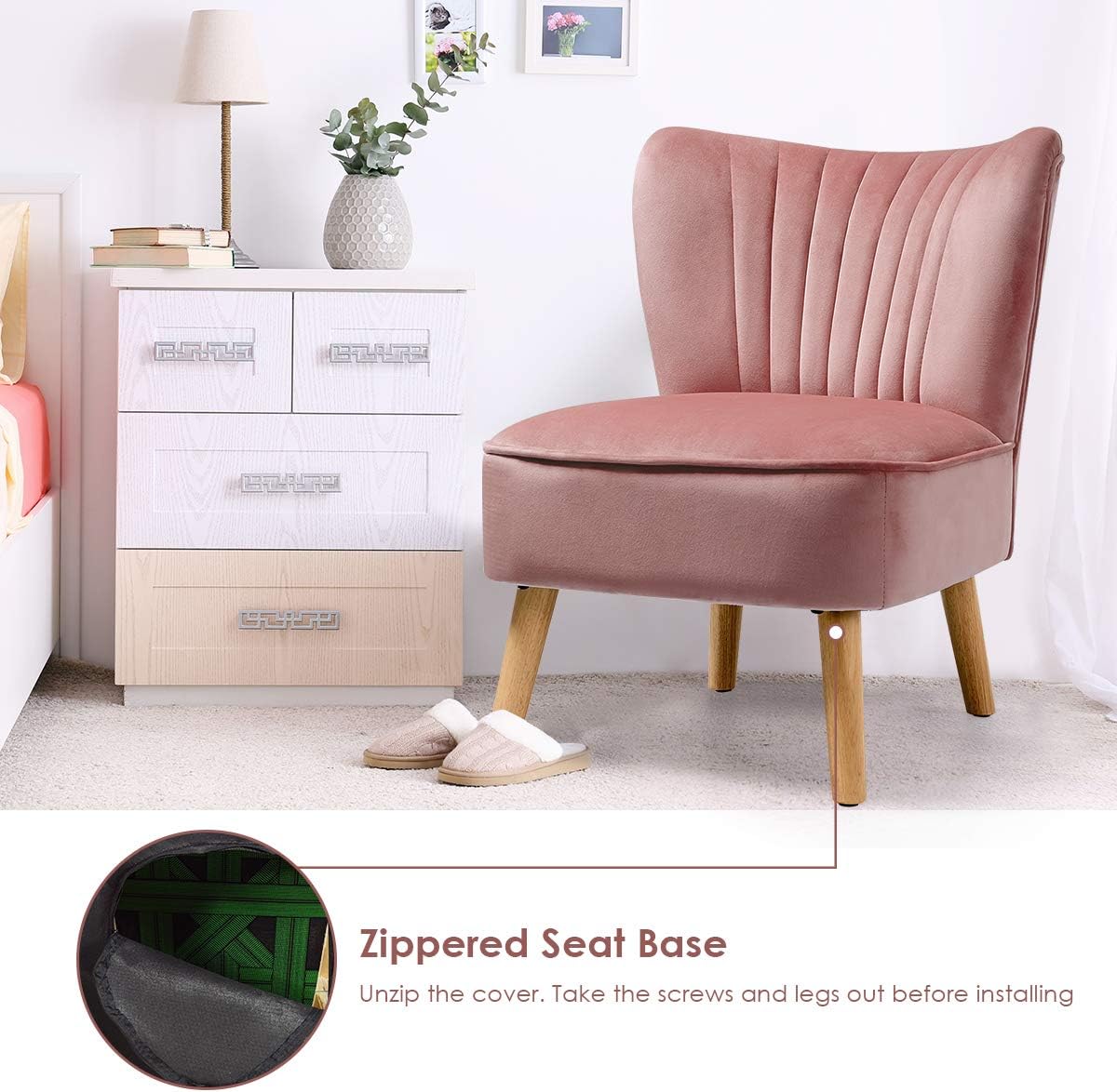 Giantex Silla decorativa de terciopelo, moderna silla tapizada con patas de madera, acolchada gruesa, sillas pequeñas sin brazos para sala de estar,