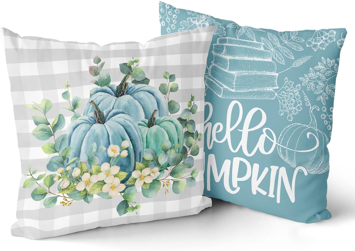 Giwawa Hello Pumpkin – Juego de 2 fundas de almohada de calabaza verde azulado con hojas de eucalipto, funda de almohada de otoño de cosecha y