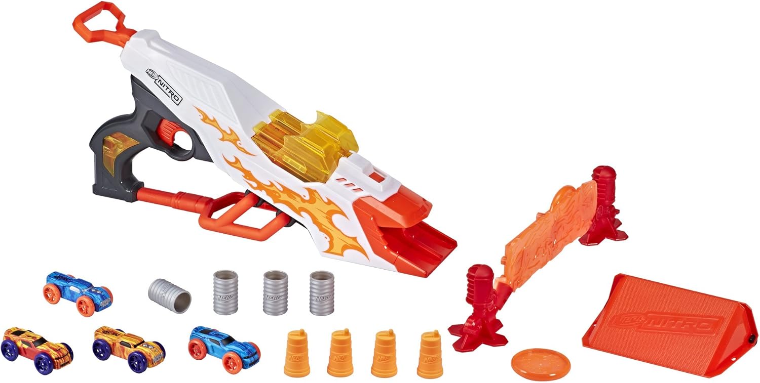 NERF Doubleclutch Inferno Nitro Toy incluye blaster, 4 coches de cuerpo de espuma, doble objetivo reactivo, doble rampa y 8 obstáculos para niños de