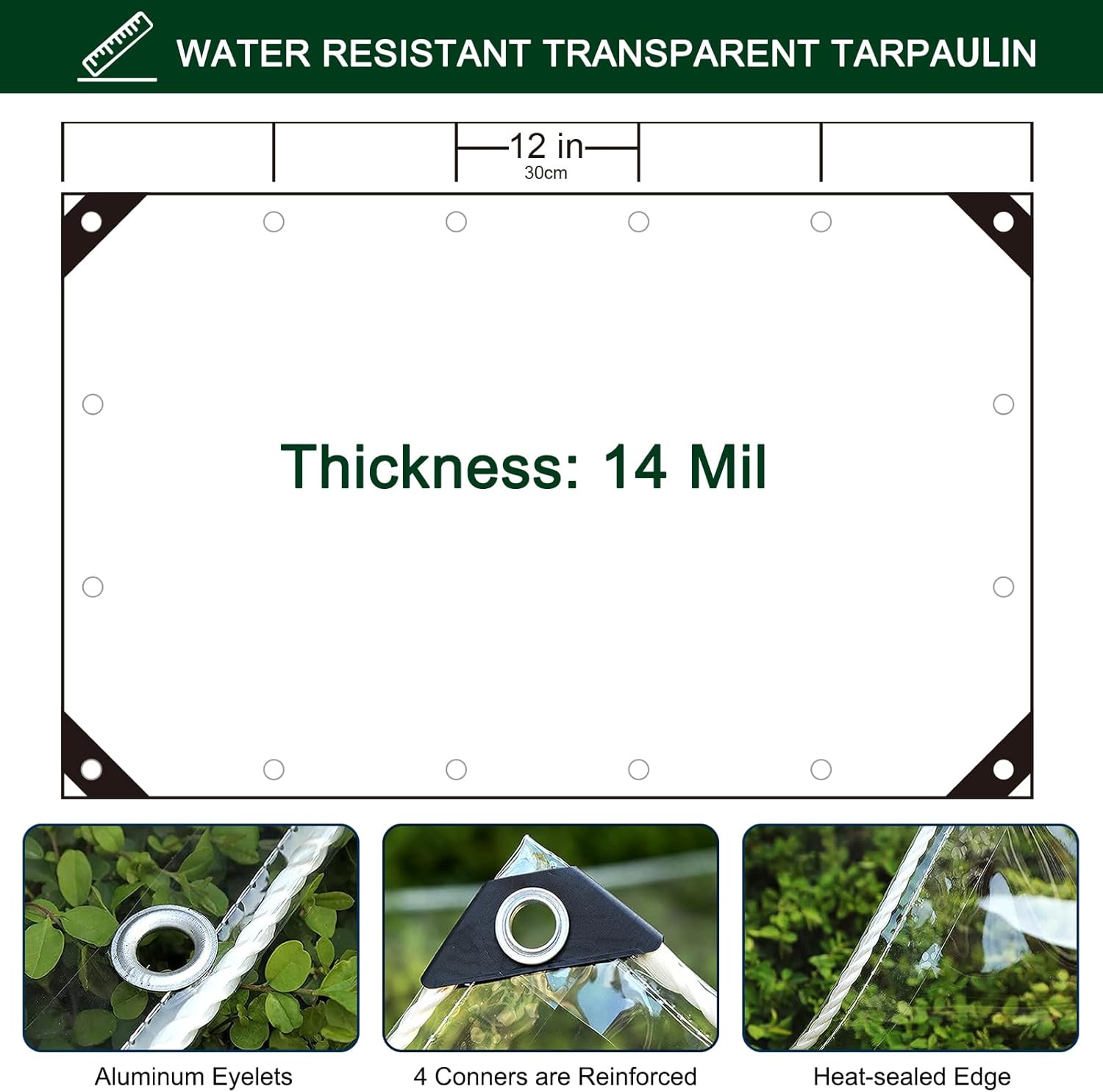 Lonas transparentes de 8 x 10 pies, resistentes al agua con borde reforzado, 14 mil de grosor, transparente, resistente al desgarro, resistente al