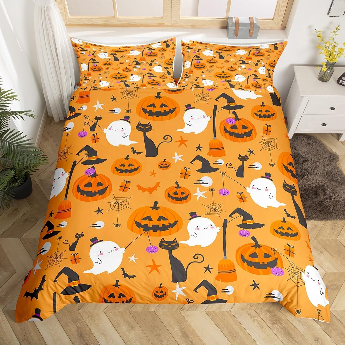 Feelyou Juego de funda de edredón de Halloween, tamaño Queen con 2 fundas de almohada, decoración de Halloween, juego de ropa de cama de fantasma,