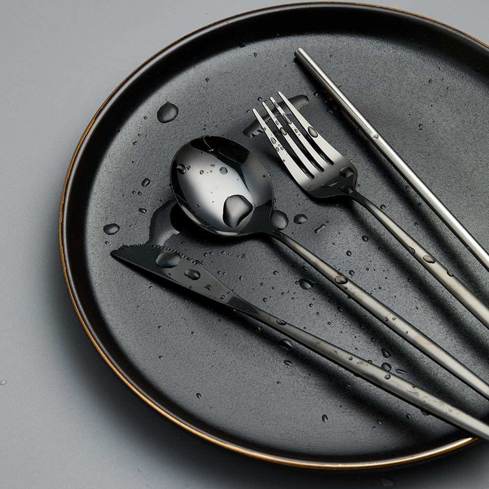 Juego de cubiertos portátiles negros con estuche, cubiertos, tenedores, cucharas, cuchillos, cubiertos de acero inoxidable, utensilios de cocina