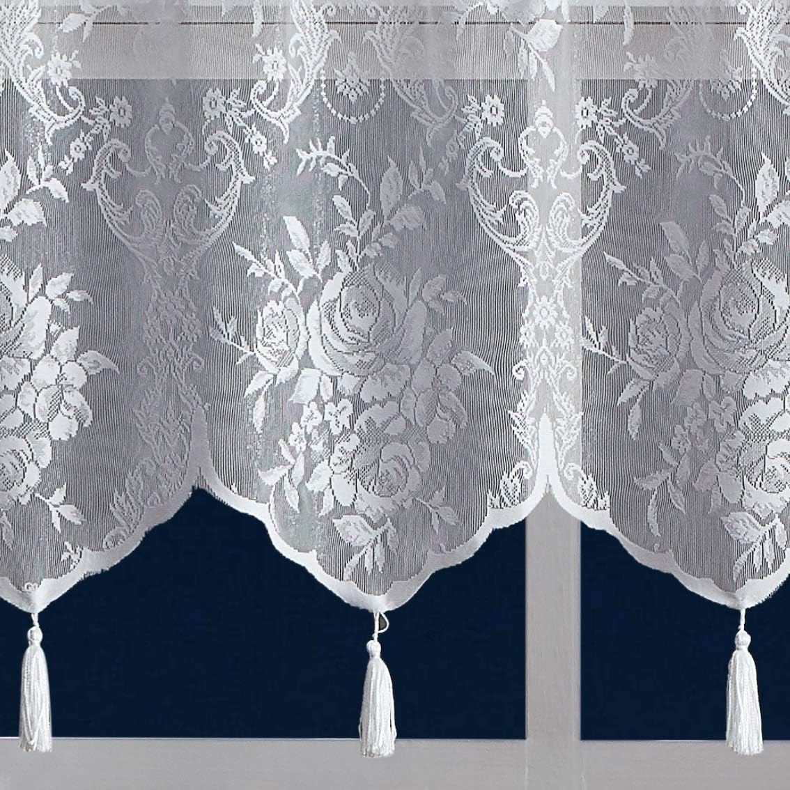 LINENZONE Par de 2 paneles de cortina de encaje con cenefa adjunta y 6 borlas. Cortinas de encaje transparente para sala de estar, comedor,