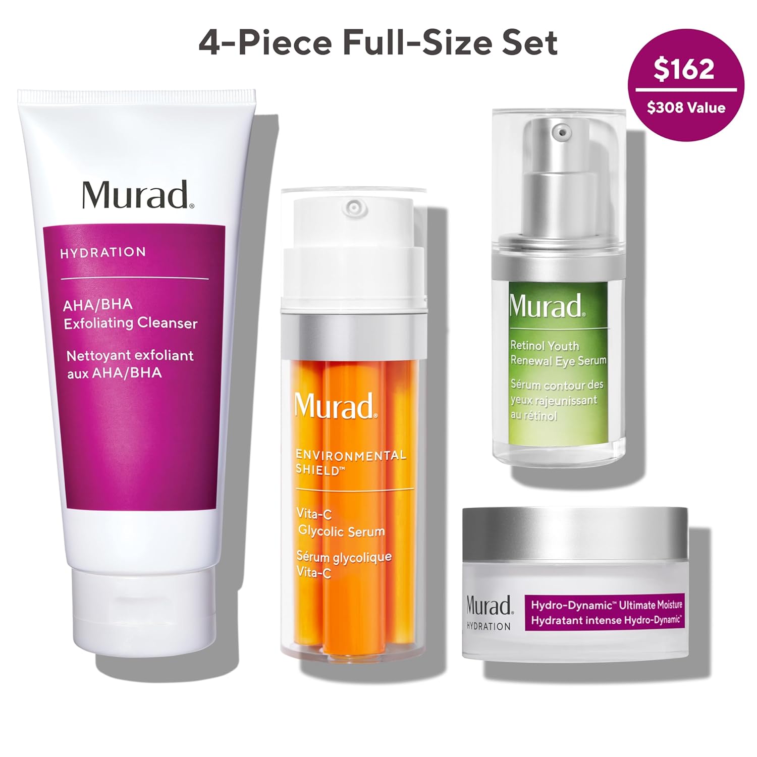 Murad The Ultra-luxe Skin Specialists – Juego de 4 piezas de tamaño completo (valor de $308) – Limpiador AHABHA de 6.75 onzas, suero glicólico