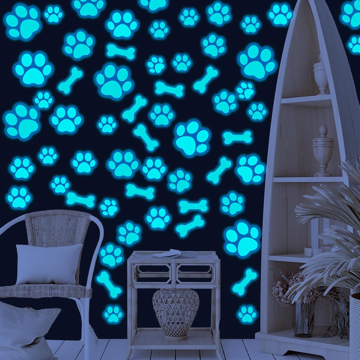 127 calcomanías con estampado de patas de perro, que brillan en la oscuridad, calcomanías de pared con estampado de patas de perro, calcomanías de