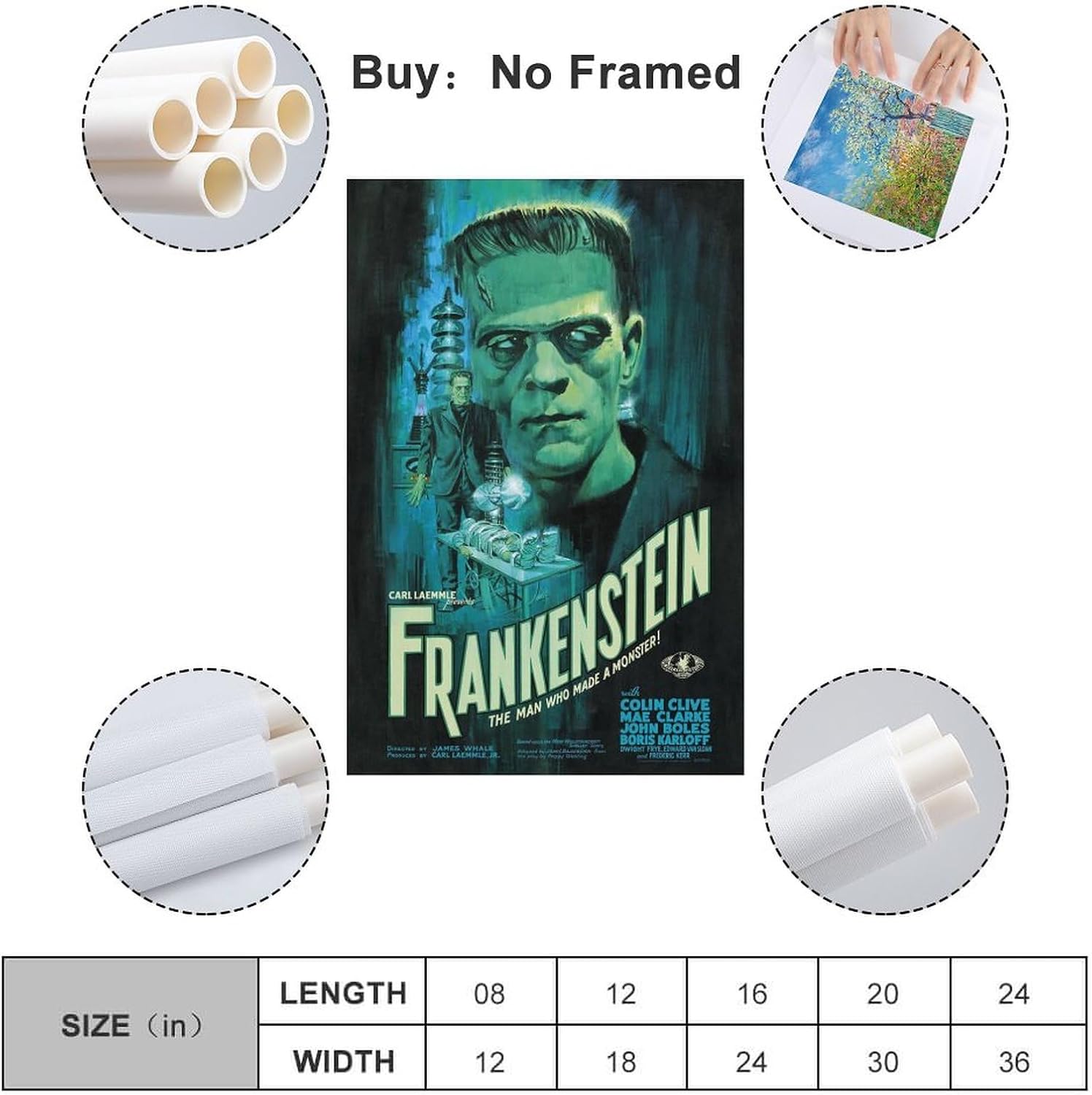 Frankenstein – Póster de lienzo de película y álbum de música, pintura de pared, estética, decoración de habitación, 12 x 18 pulgadas (11.8 x 17.7