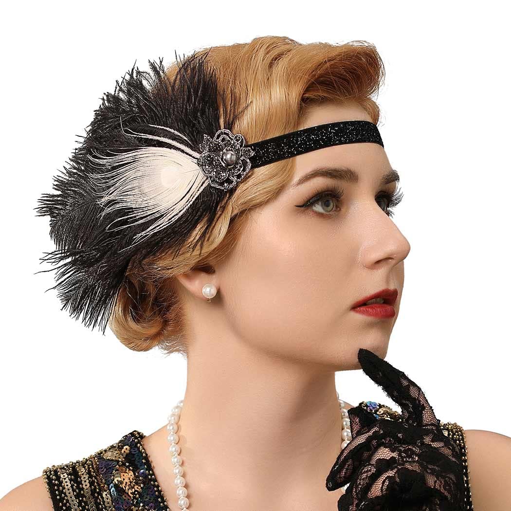 Diadema tipo flapper de los años 20, tocados de plumas negras, accesorios para la cabeza de cóctel para mujer (estilo 1)