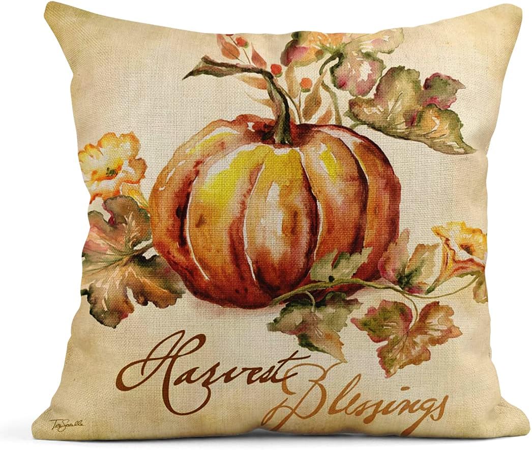 rouihot Juego de 4 fundas de almohada cuadradas de lino de 24 x 24 pulgadas, color naranja otoñal, calabaza, acuarela, decoración del hogar, fundas