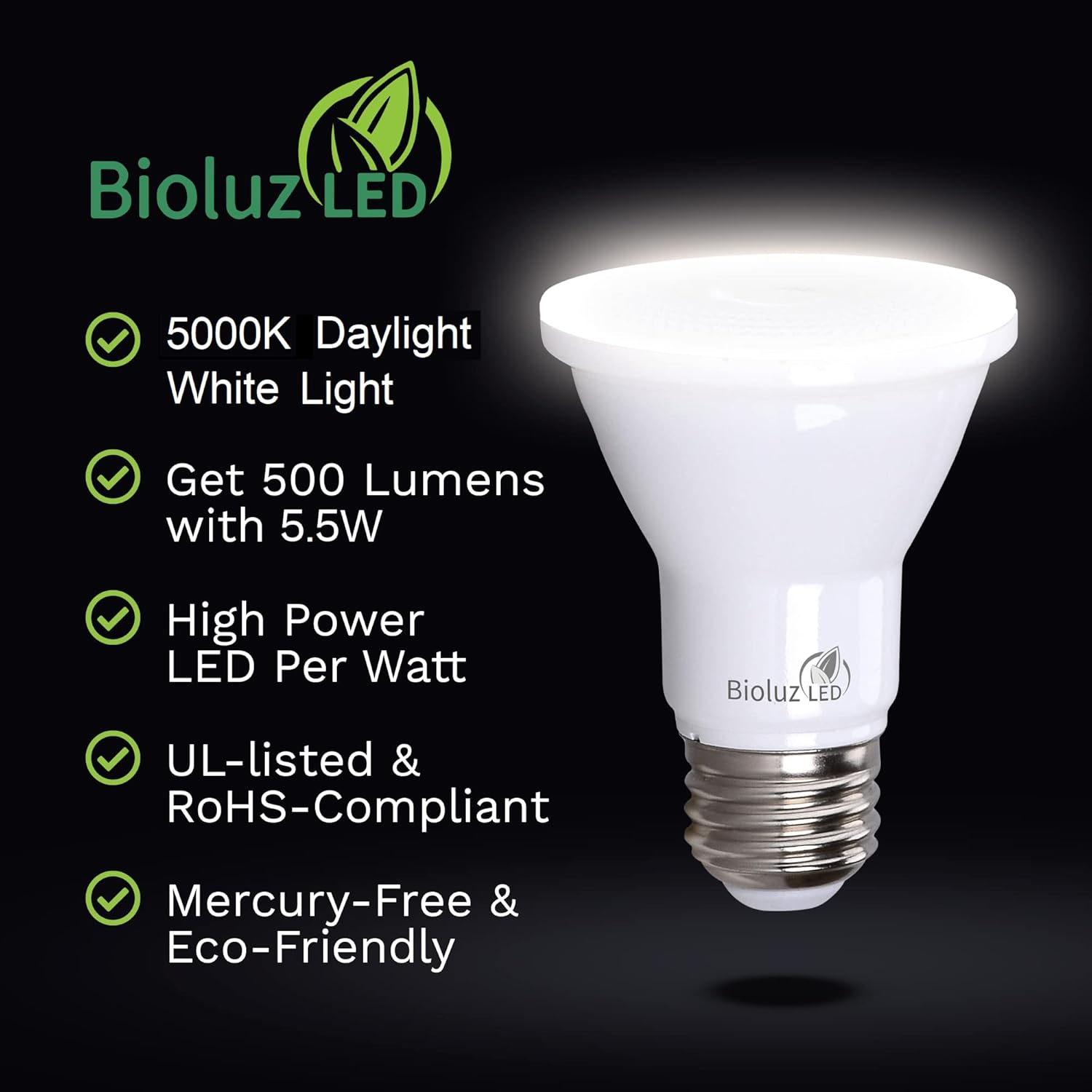 Bioluz LED Bombillas LED PAR20 5000K 90 CRI 5.5W  75W de repuesto 500 lúmenes lámpara regulable  Listado UL y Título 20 (5000 K luz diurna, 8