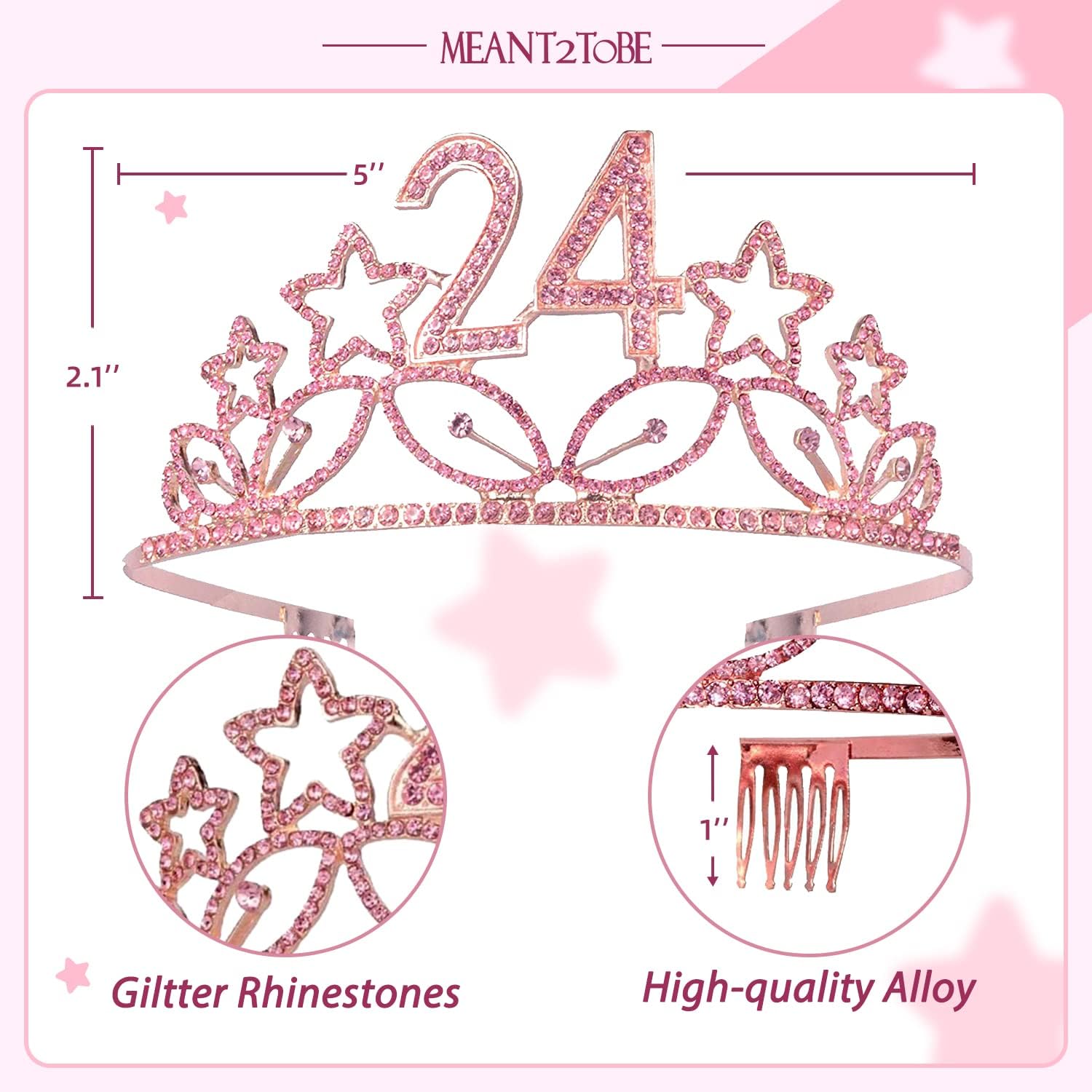 Banda y tiara de cumpleaños número 24 para mujer, juego fabuloso banda con purpurina + estrellas de diamantes de imitación rosa tiara de metal