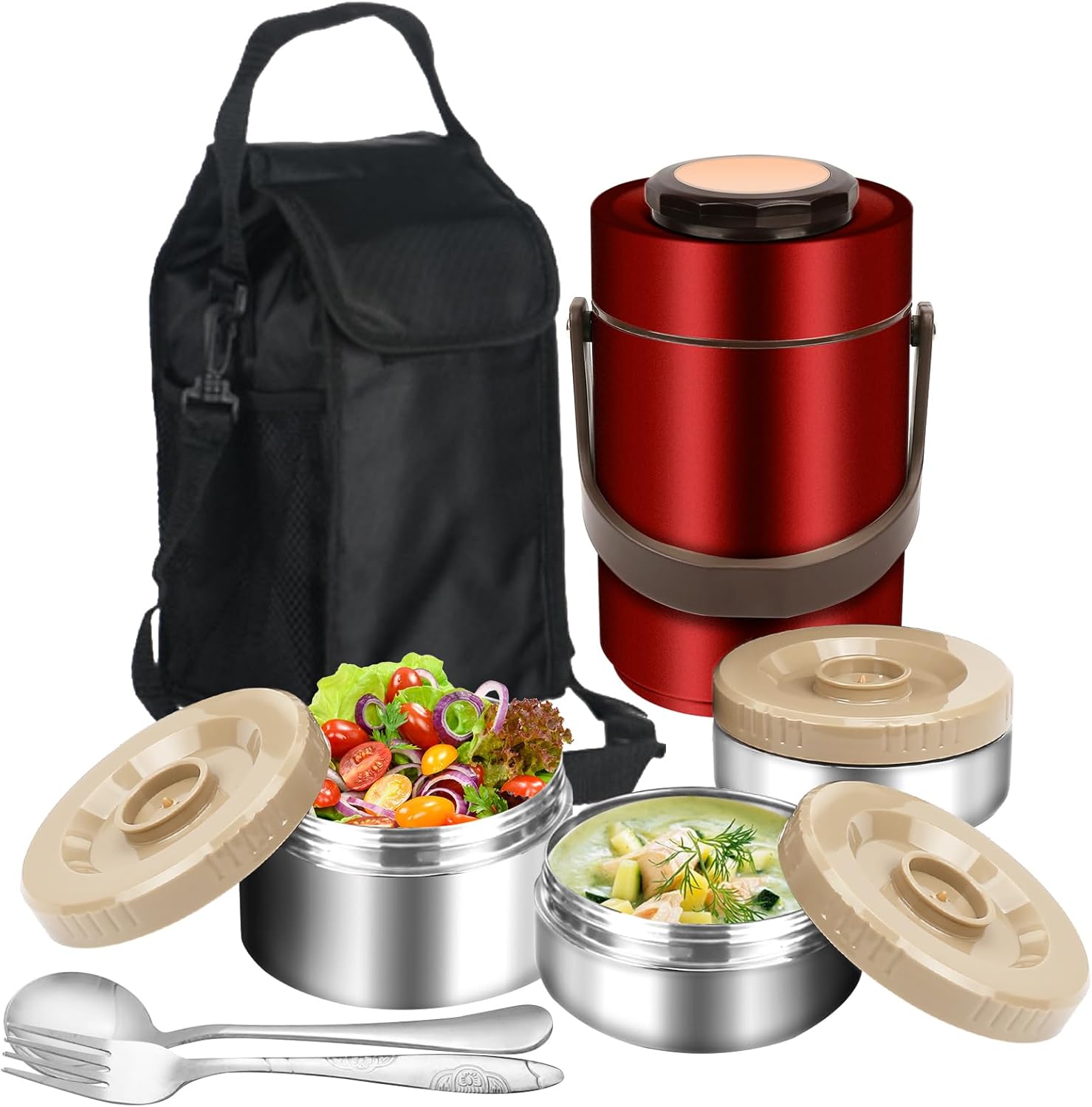 Termo para comida caliente, tarro apilable de 3 capas de 67 onzas para adultos, contenedor de sopa sellado de boca ancha con bolsa de almuerzo y