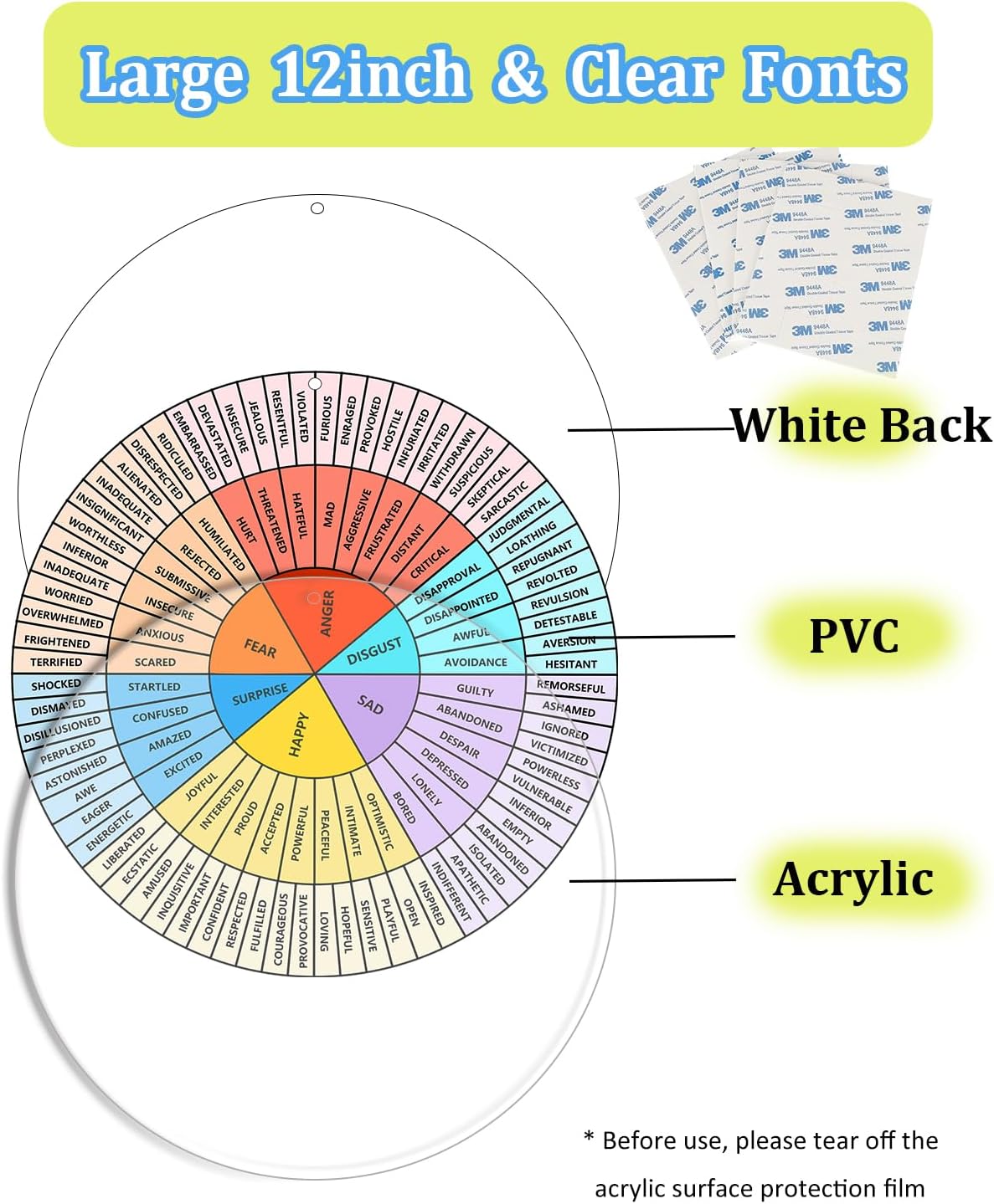VROCUSE Feelings Wheel – Rueda de acrílico grande de 12 pulgadas para terapia, consejero escolar, trabajador social, decoración de oficina de