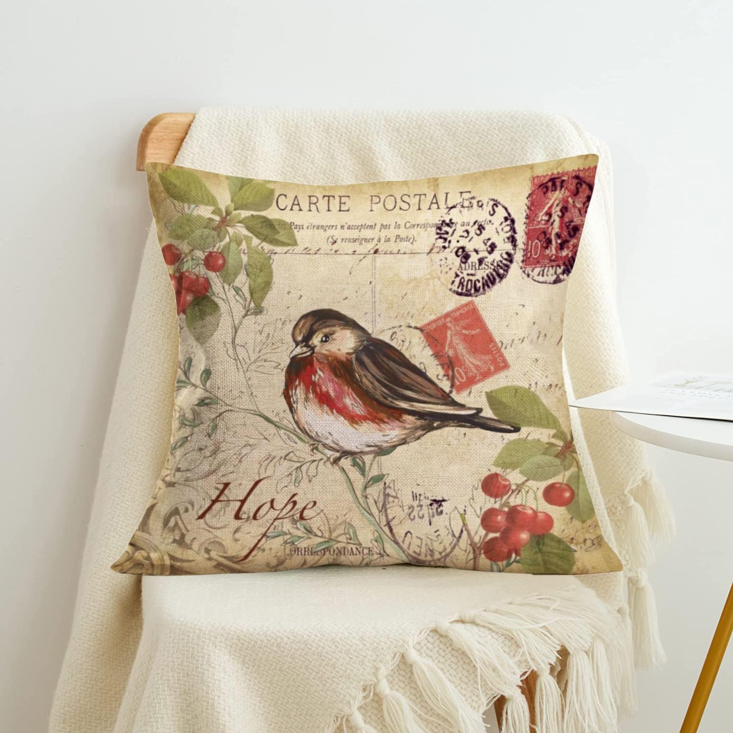 Fundas de almohada decorativas vintage francesas con diseño de pájaro esponjoso con diseño de bayas y hojas verdes, rústicas, encantadoras, con
