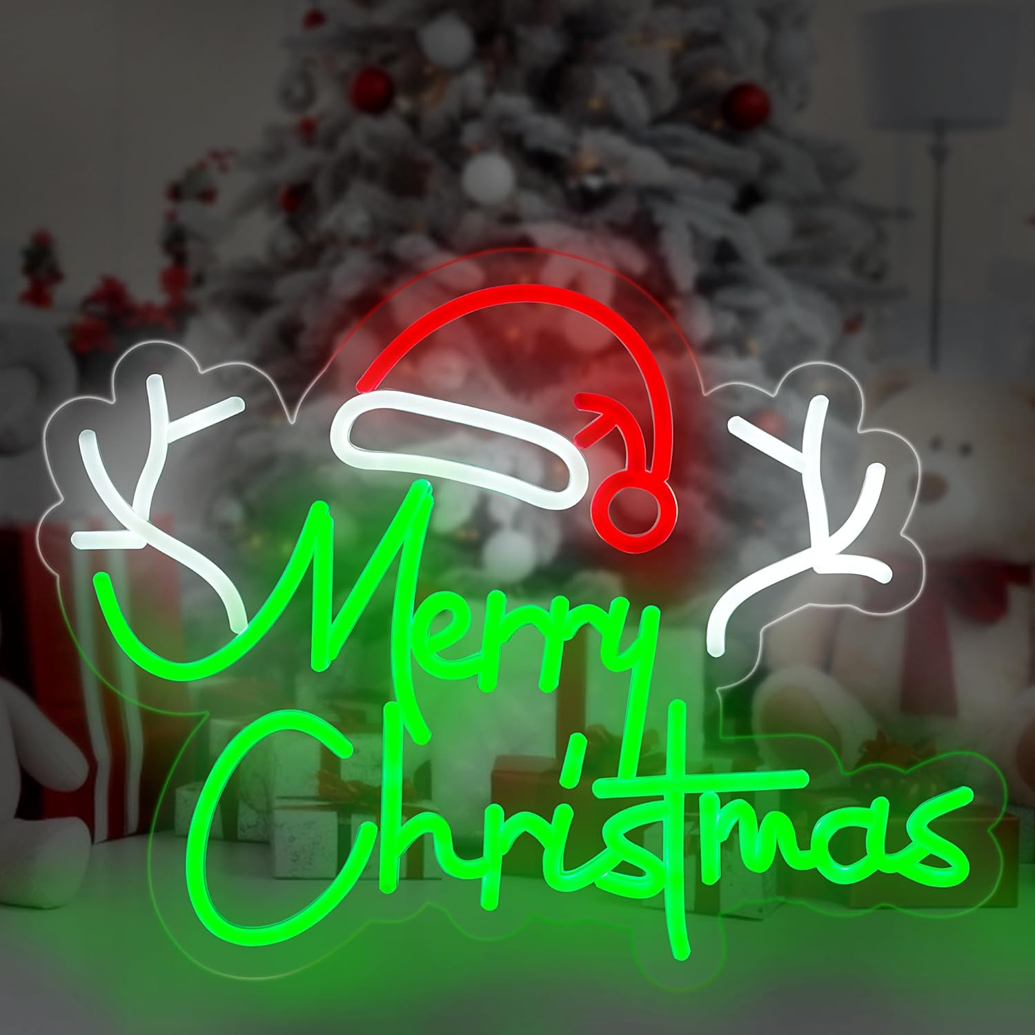 Letrero de neón de Navidad, luces de Navidad verdes, Papá Noel alimentado por USB, árbol de neón de Navidad, ciervomuñeco de nieve, decoración de