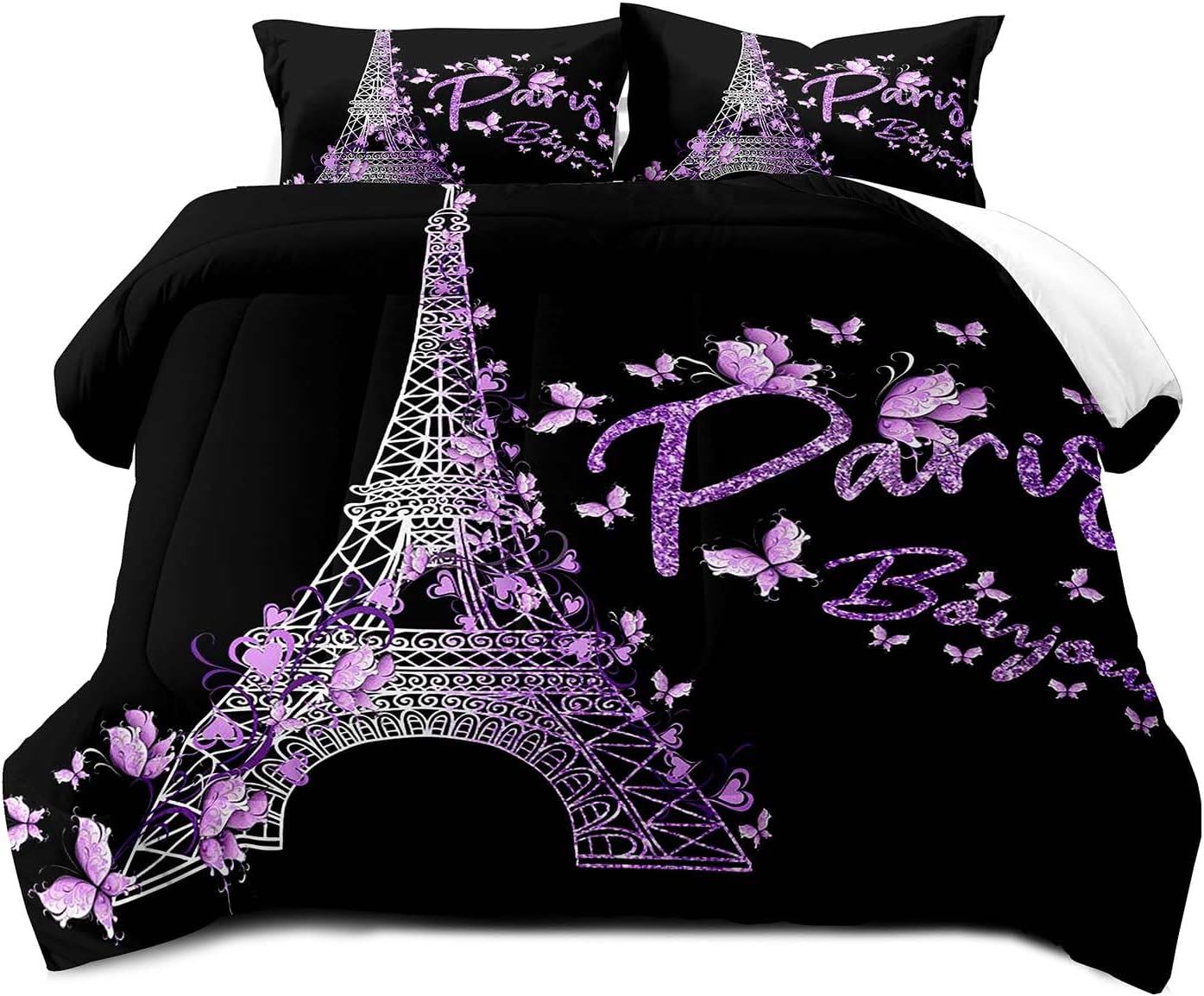 LUVIVIHOME Juego de edredón de París de 2 piezas, tamaño individual, edredón de mariposa morada, juegos de ropa de cama de la Torre Eiffel,