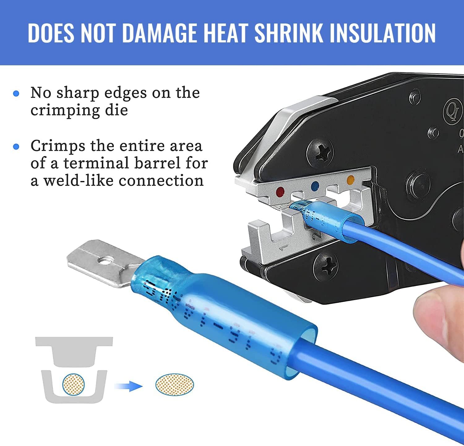 Qibaok Crimpadora de cables de trinquete para conectores termorretráctiles, terminales de trinquete, herramienta de crimpado de alambre AWG 22-10