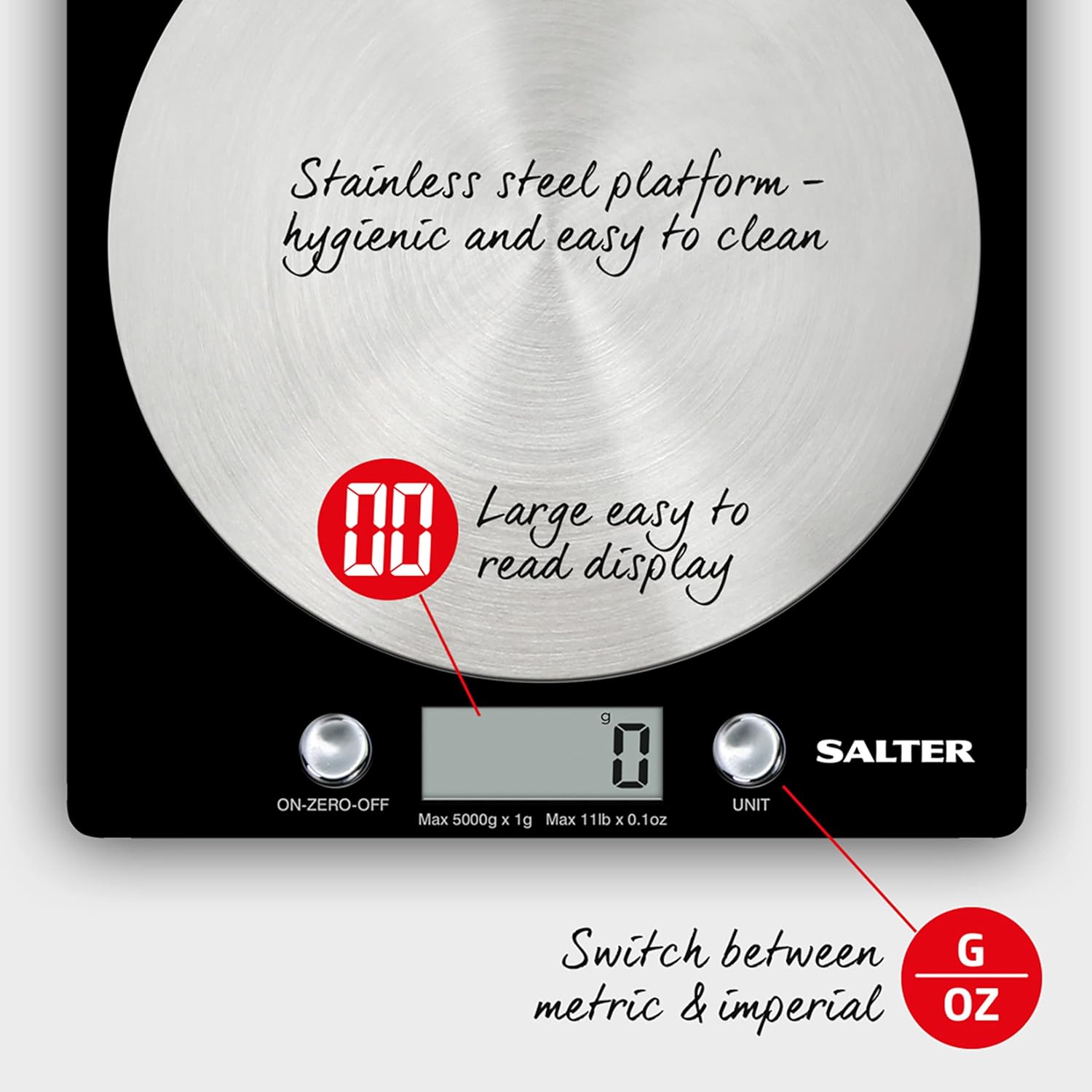Salter Báscula digital de cocina, como se ve en la televisión, elegante diseño delgado báscula de cocina electrónica para el hogar + cocina, pesa