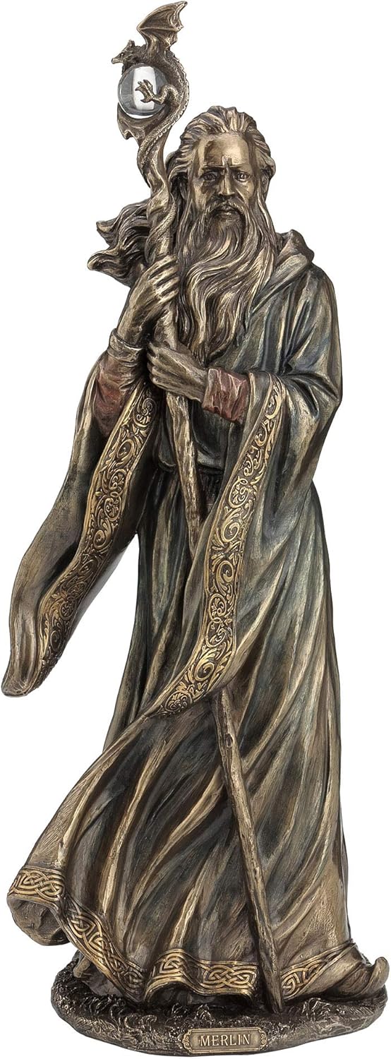 Veronese Design Bastón de bola de cristal de dragón de gran mago de Merlín de 18.5 pulgadas, resina fundida en frío, acabado de bronce antiguo,