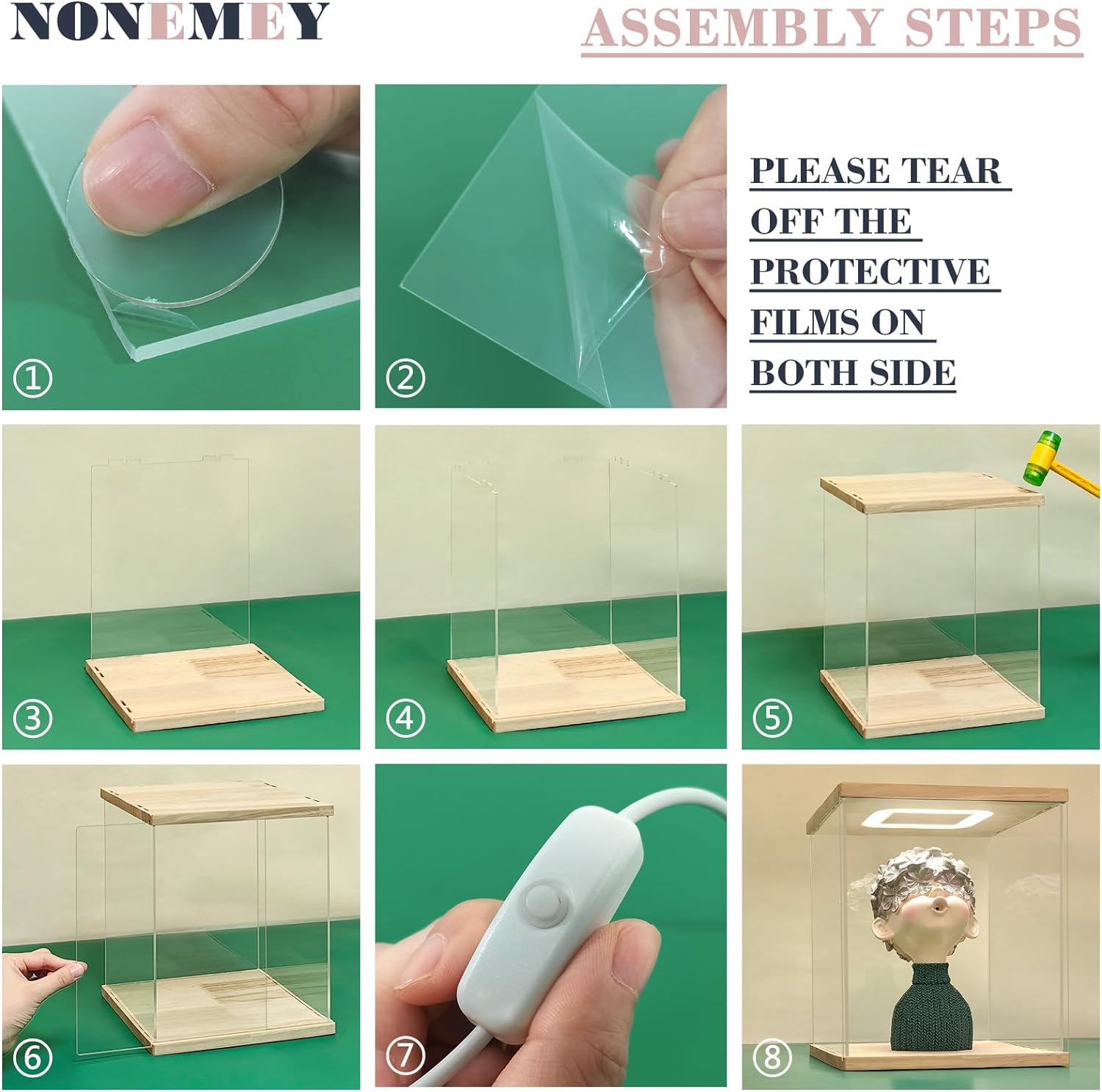 NONEMEY Vitrina de acrílico con luz LED para coleccionables, soporte de acrílico transparente para exhibición, protección a prueba de polvo, caja