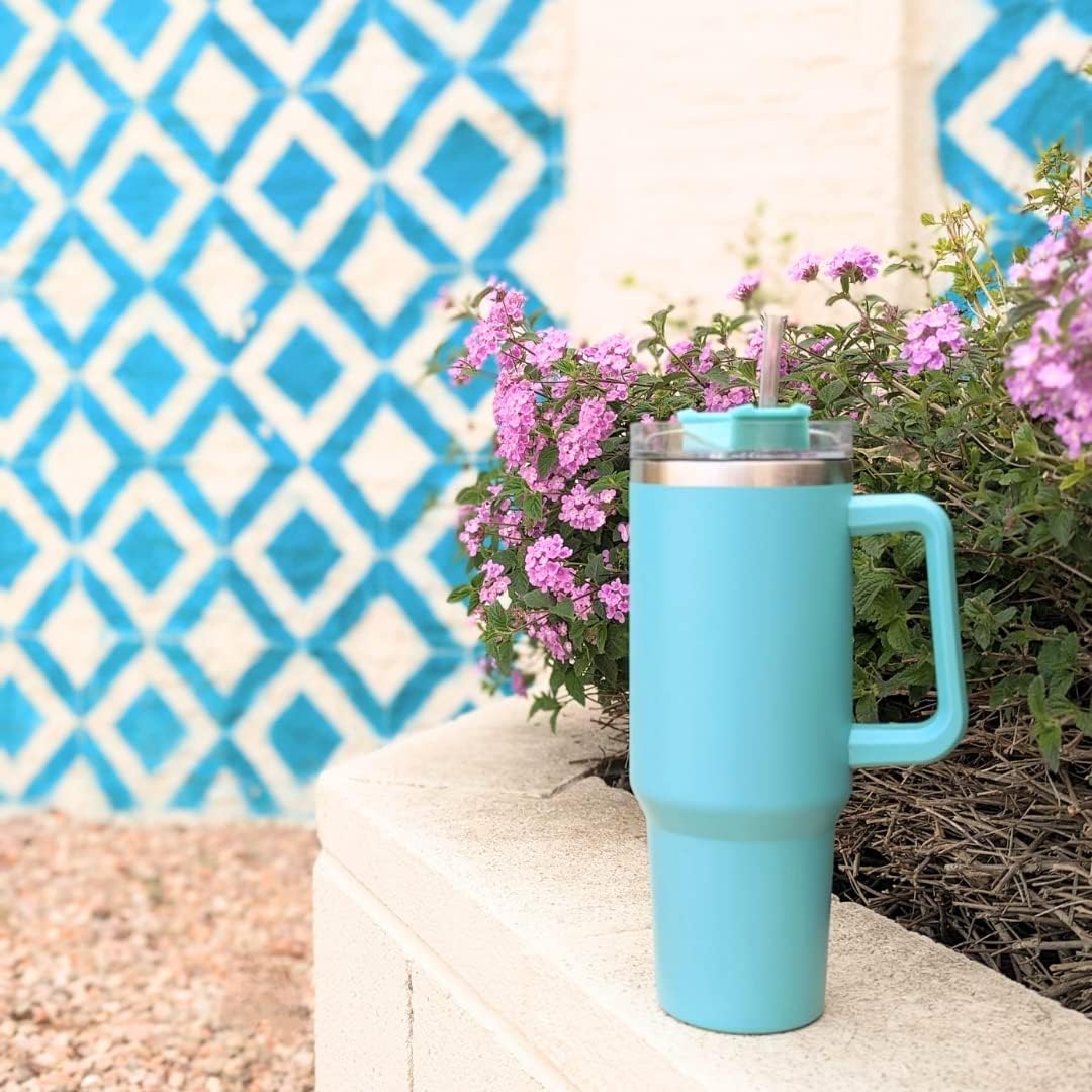 Vaso térmico de acero inoxidable de doble pared de 40 onzas, con tapa y popote (aguamarina)