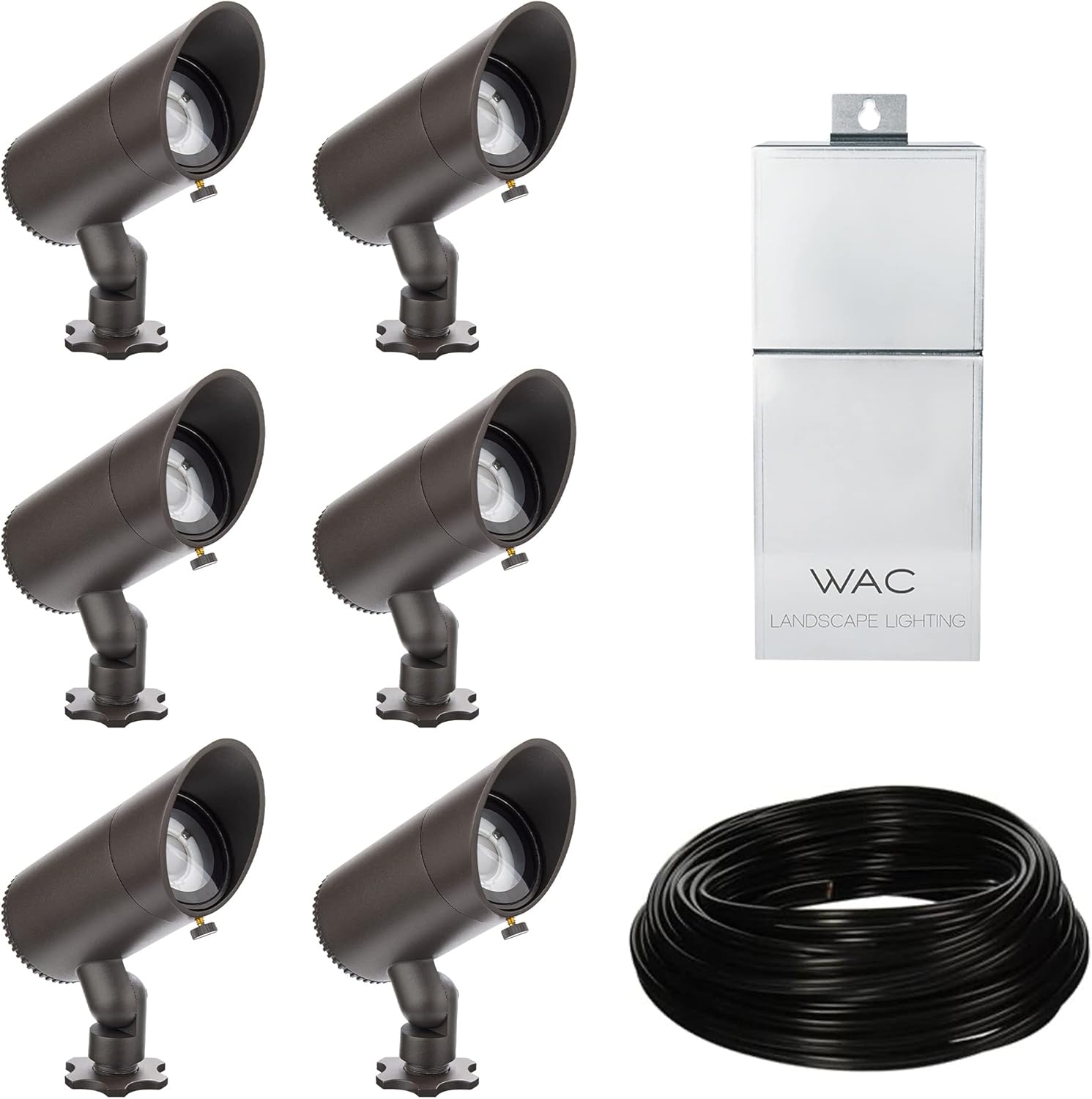 WAC – Kit de iluminación de paisaje LED de 12 V con fuente de alimentación de 150 W, carrete de cable de 100 pies y 6 luces básicas de acento de 6 W