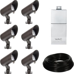 WAC – Kit de iluminación de paisaje LED de 12 V con fuente de alimentación de 150 W, carrete de cable de 100 pies y 6 luces básicas de acento de 6 W WAC – Kit de iluminación de paisaje LED de 12 V con fuente de alimentación de 150 W, carrete de cable de 100 pies y 6 luces básicas de acento de 6 W