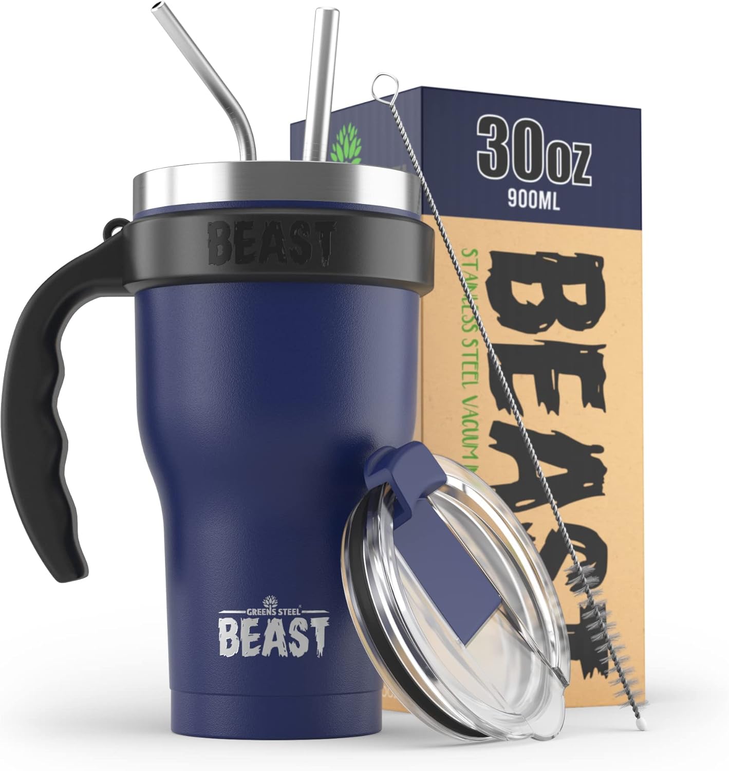 BEAST – Juego de vasos de 30 onzas con asa, taza de café de acero inoxidable + 2 cepillos para pajillas, caja de regalo y mango negro