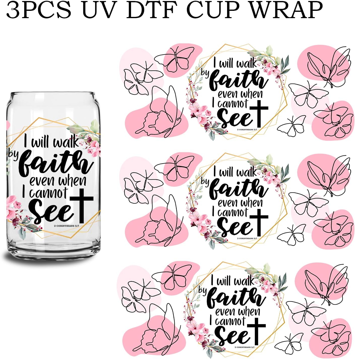 Adhesivo de transferencia de vidrio UV DTF – 3 piezas de regalos cristianos para mujeres ‘Walk by Faith Even When I Cannot See’ transferencia de