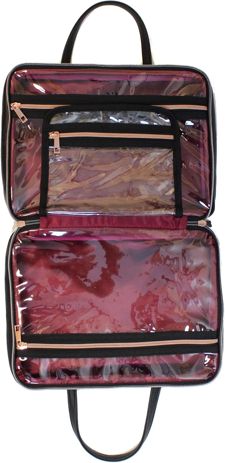 Neceser de viaje de cuero para mujer, tamaño cosmético grande con 4 bolsillos, herrajes de oro rosa e interior satinado, negro acolchado
