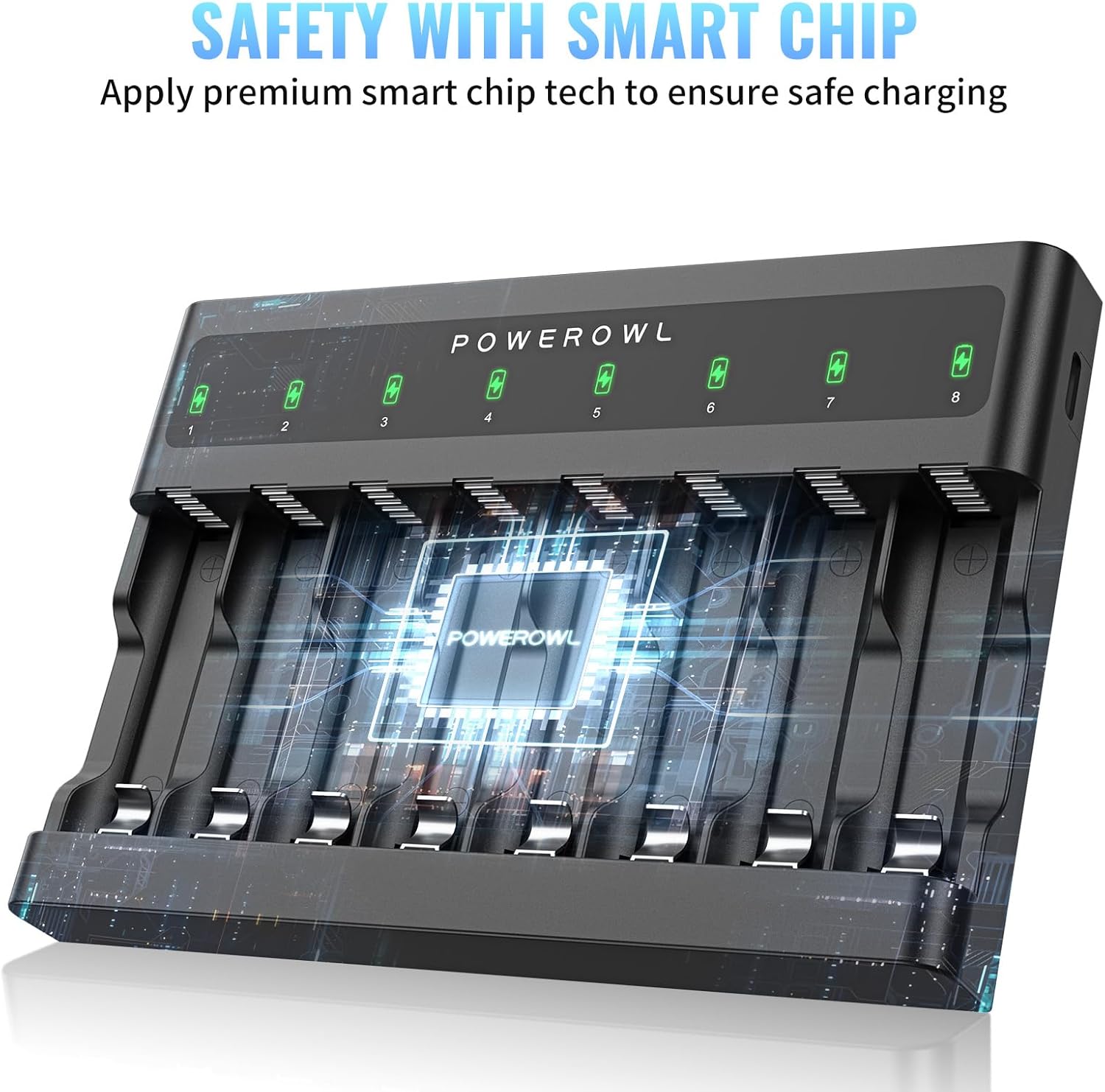 POWEROWL Cargador de batería AA AAA 8 bahías, ranura independiente, carga rápida USB para baterías recargables Ni-MH Ni-CD