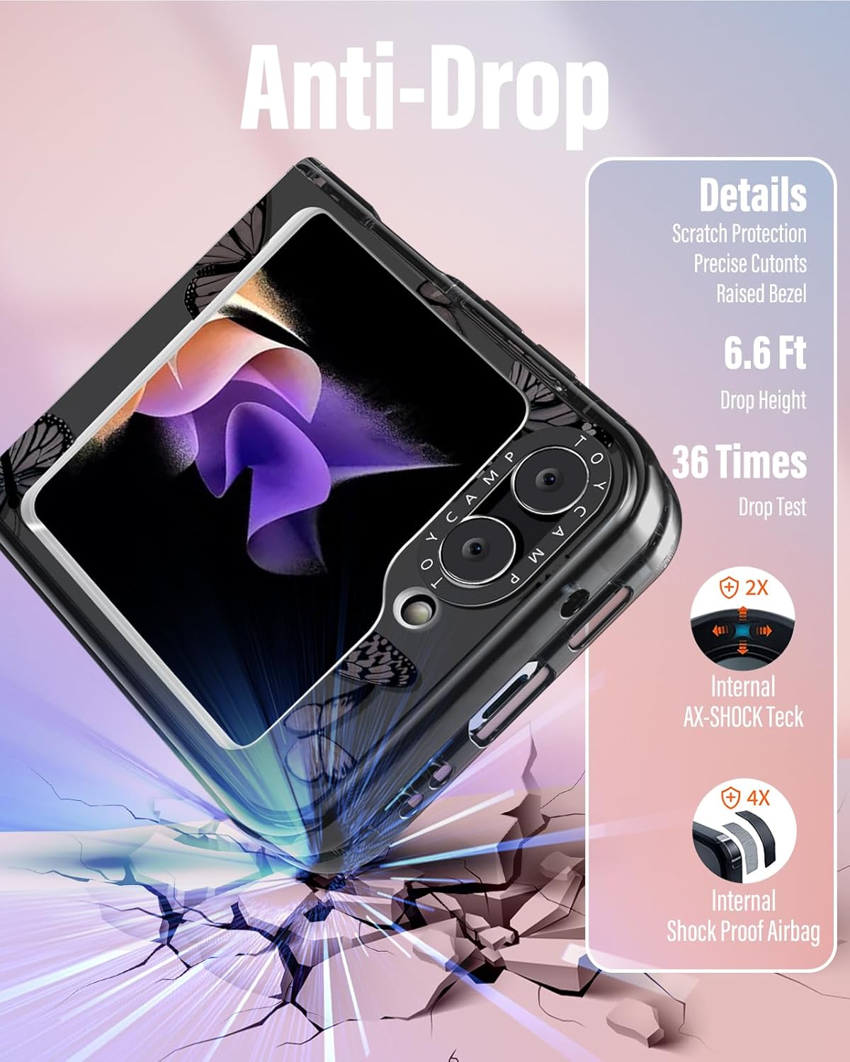 Toycamp Funda para Samsung Galaxy Z Flip 5 con soporte para anillo, diseño de insectos de dibujos animados de mariposa negra, divertida, a prueba de