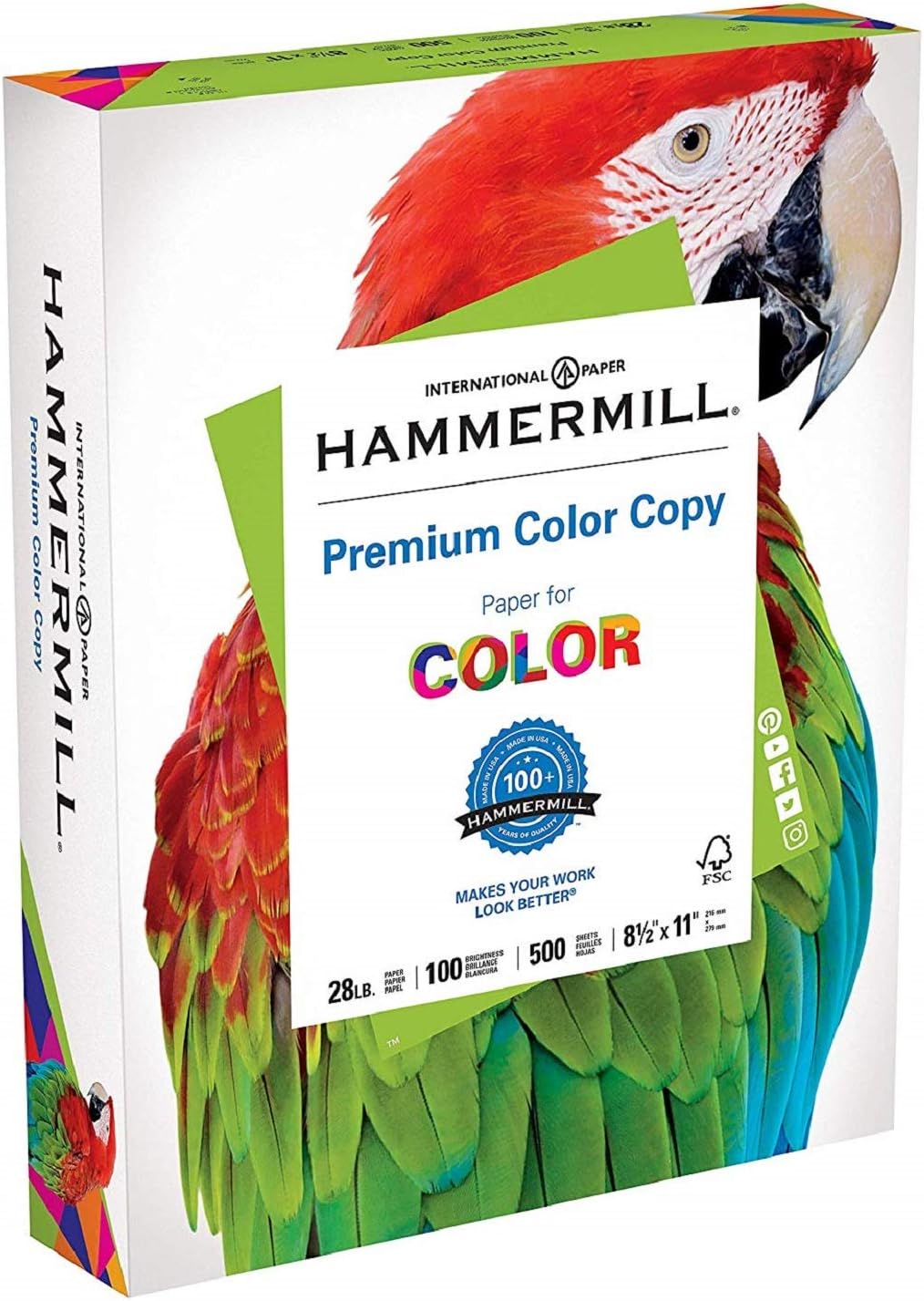 Hammermill Papel, papel de copia a color de alta calidad, papel de 8.5 x 11, tamaño carta, papel de 28 libras, 100 brillantes, 1 resma500 hojas